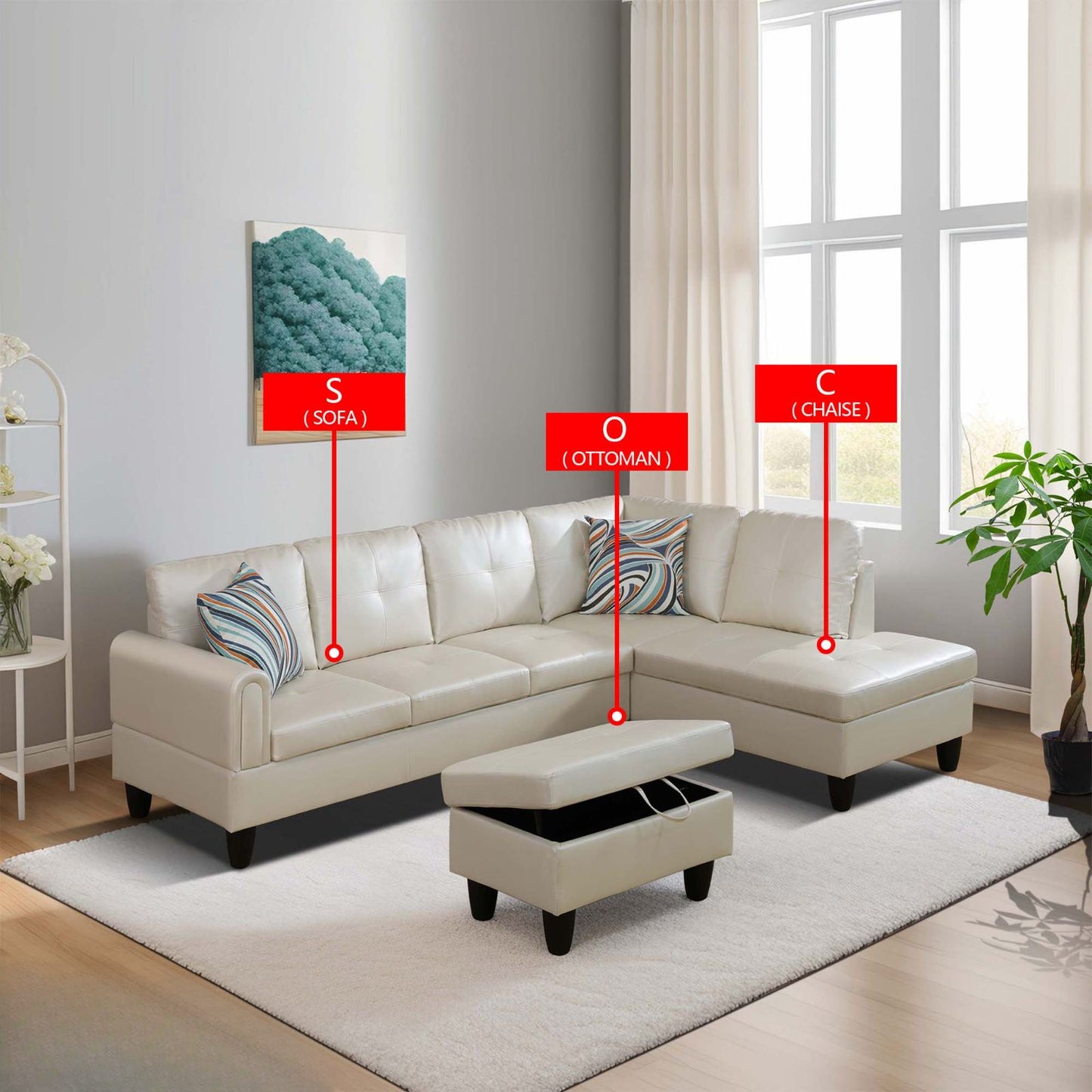Cream leather sectional sofa with tufted cushions and matching ottoman