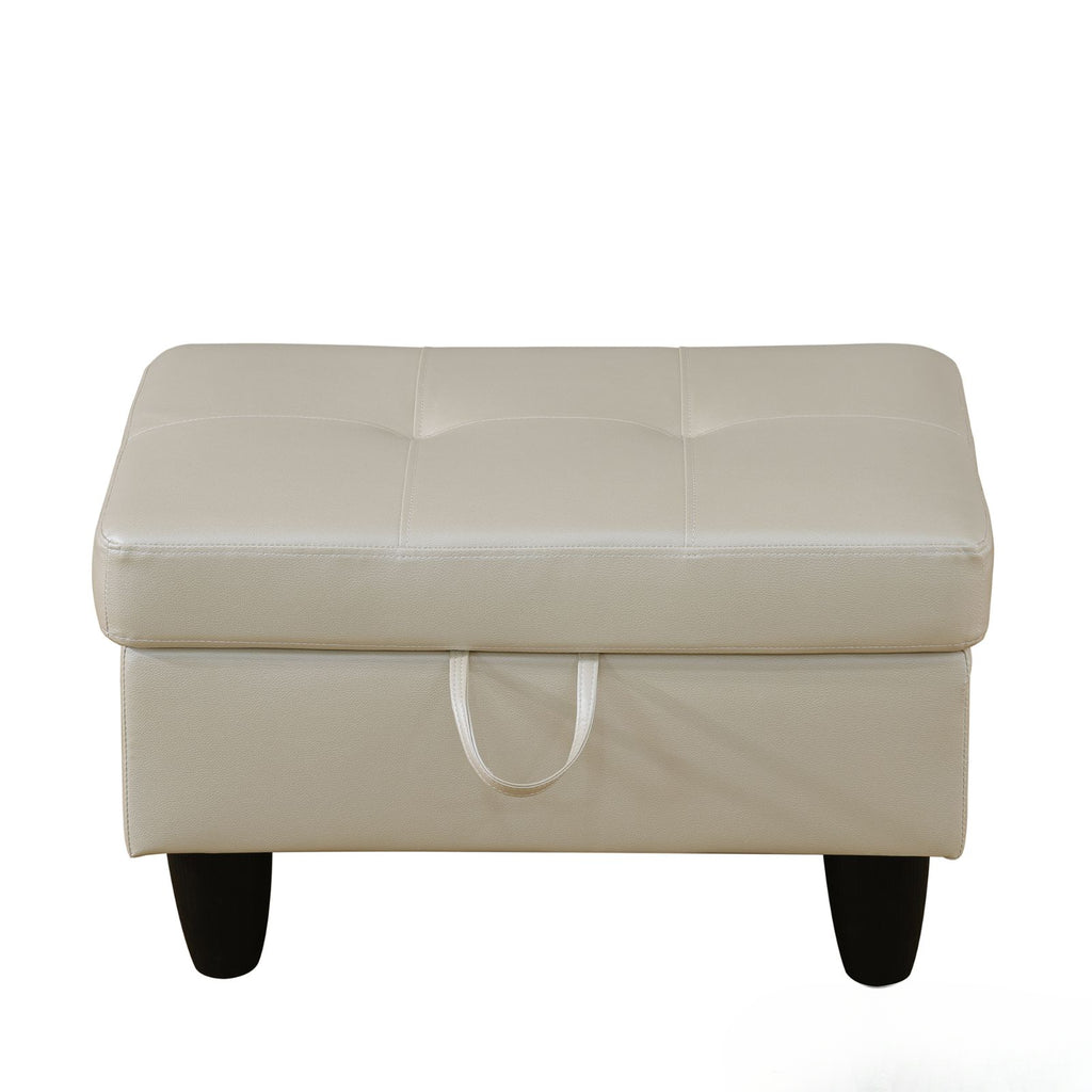 Beige faux leather storage ottoman with tufted lid and side handle