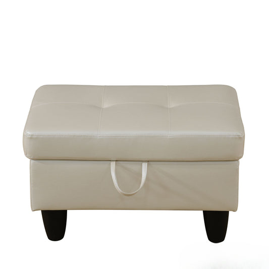 Beige faux leather storage ottoman with tufted lid and side handle