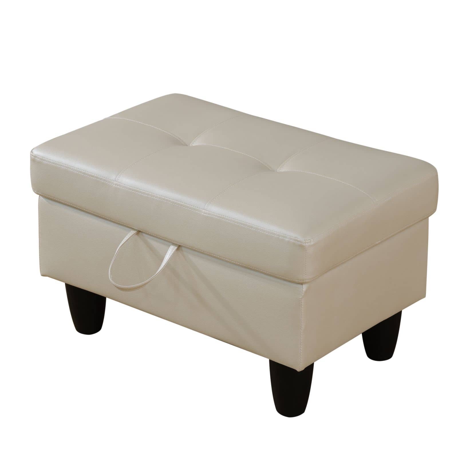 Tufted beige faux leather storage ottoman with dark wood legs