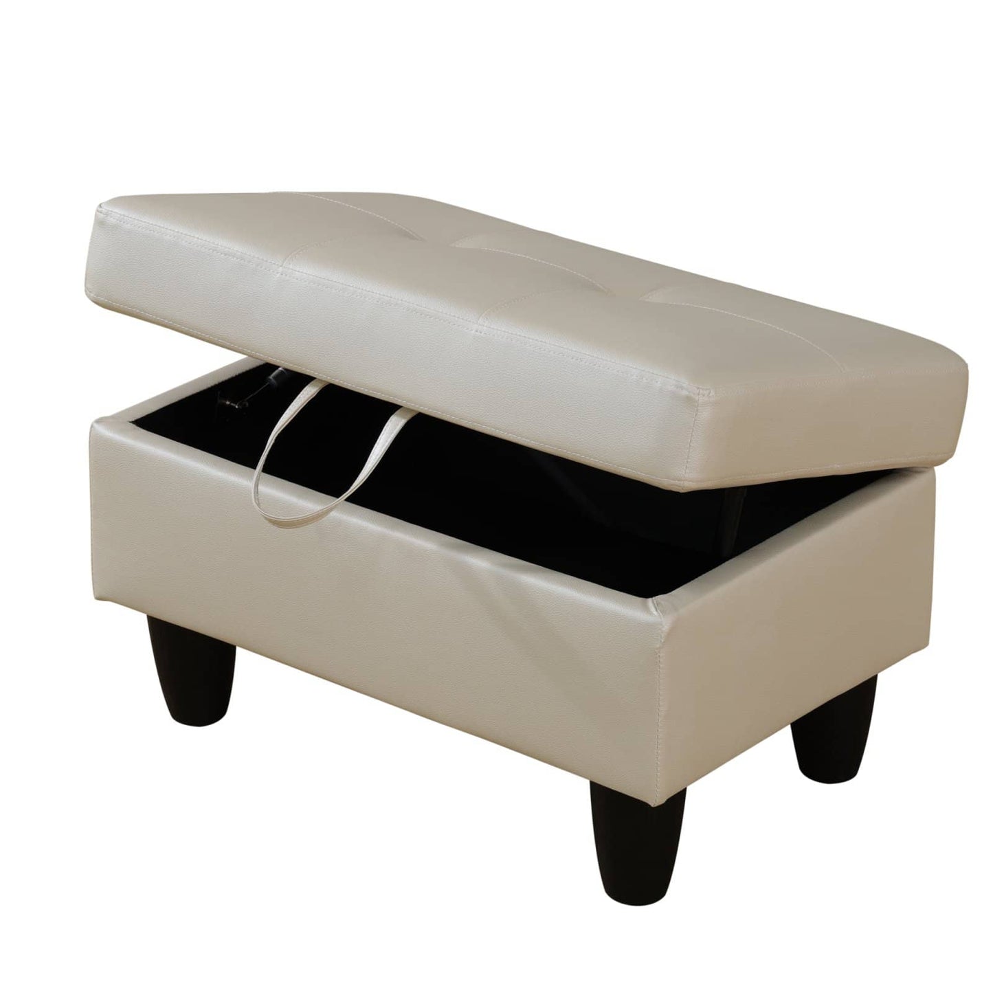 Beige faux leather storage ottoman with tufted lid open
