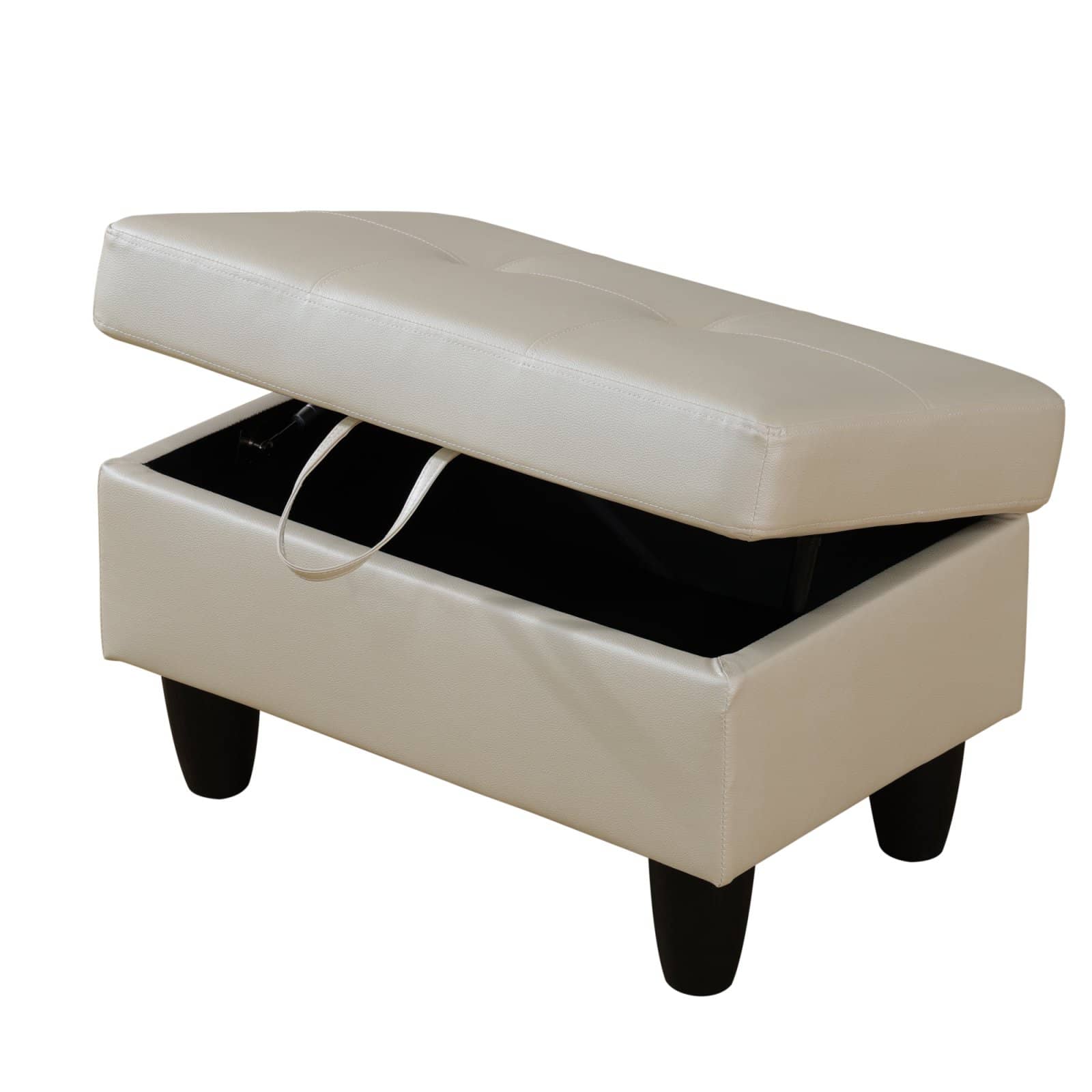 Beige faux leather storage ottoman with tufted lid open