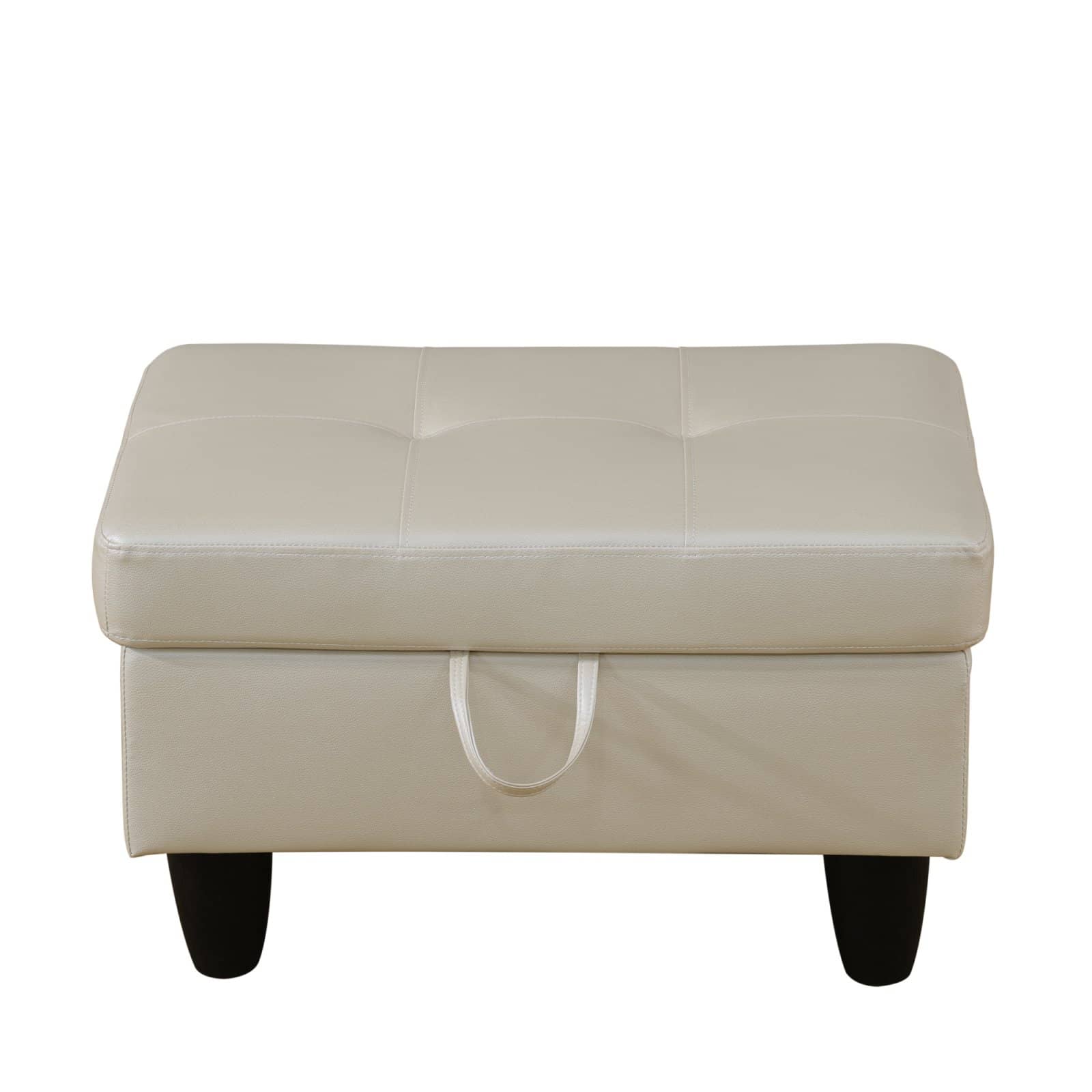 Tufted beige faux leather storage ottoman with dark wooden legs