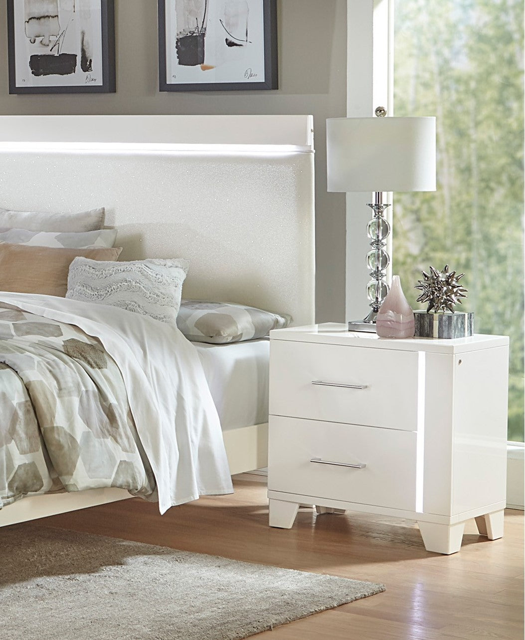 White highgloss nightstand with two drawers and silver hardware