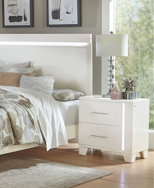 White highgloss nightstand with two drawers and silver hardware