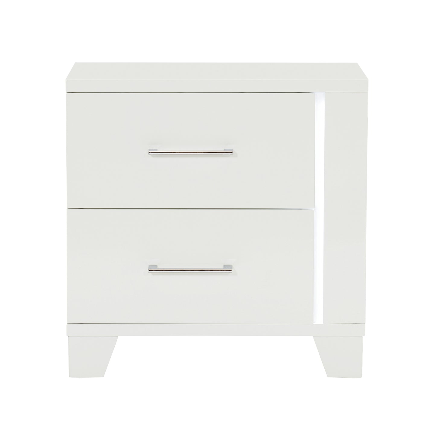 White twodrawer modern nightstand with silver handles and LED accent light