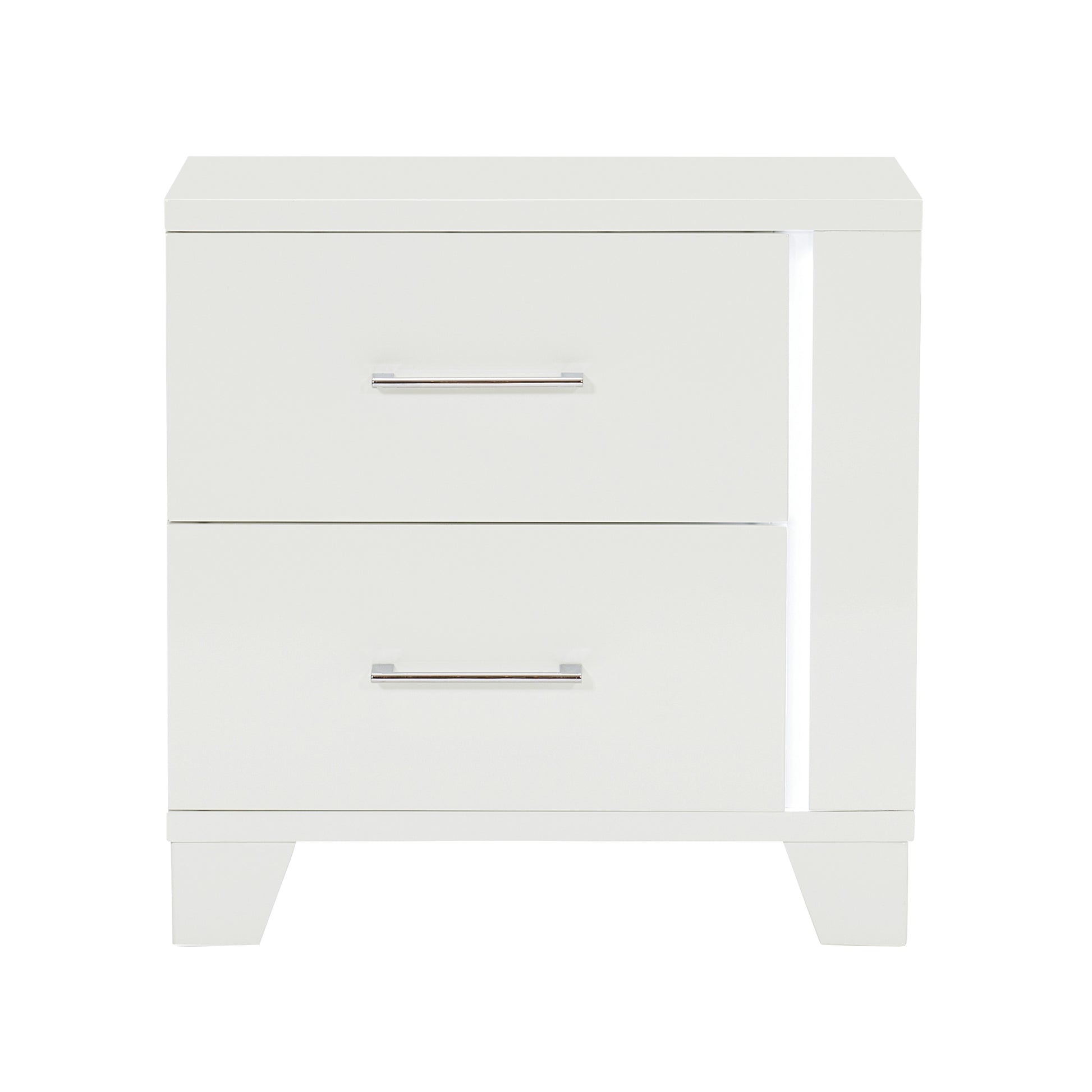 White twodrawer modern nightstand with silver handles and LED accent light