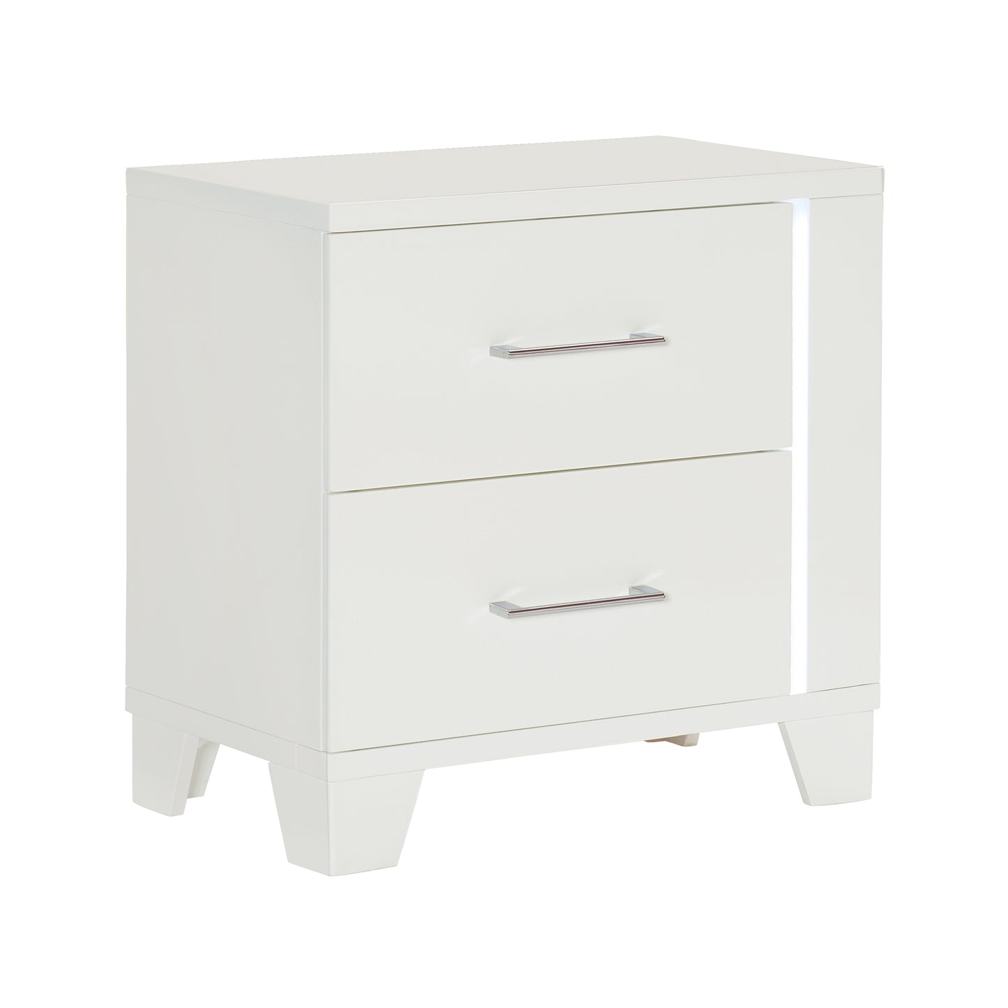 White twodrawer nightstand with sleek silver handles and subtle LED accent light