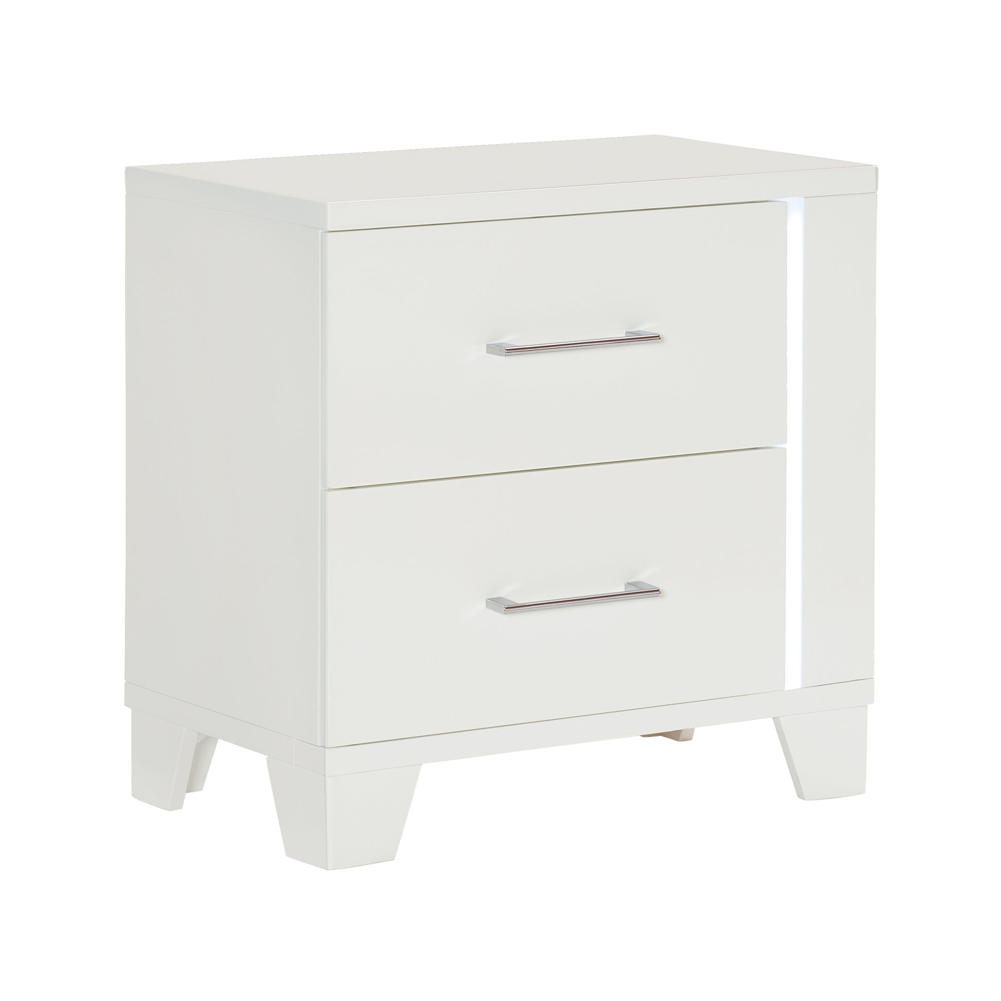 White twodrawer nightstand with sleek silver handles and subtle LED accent light