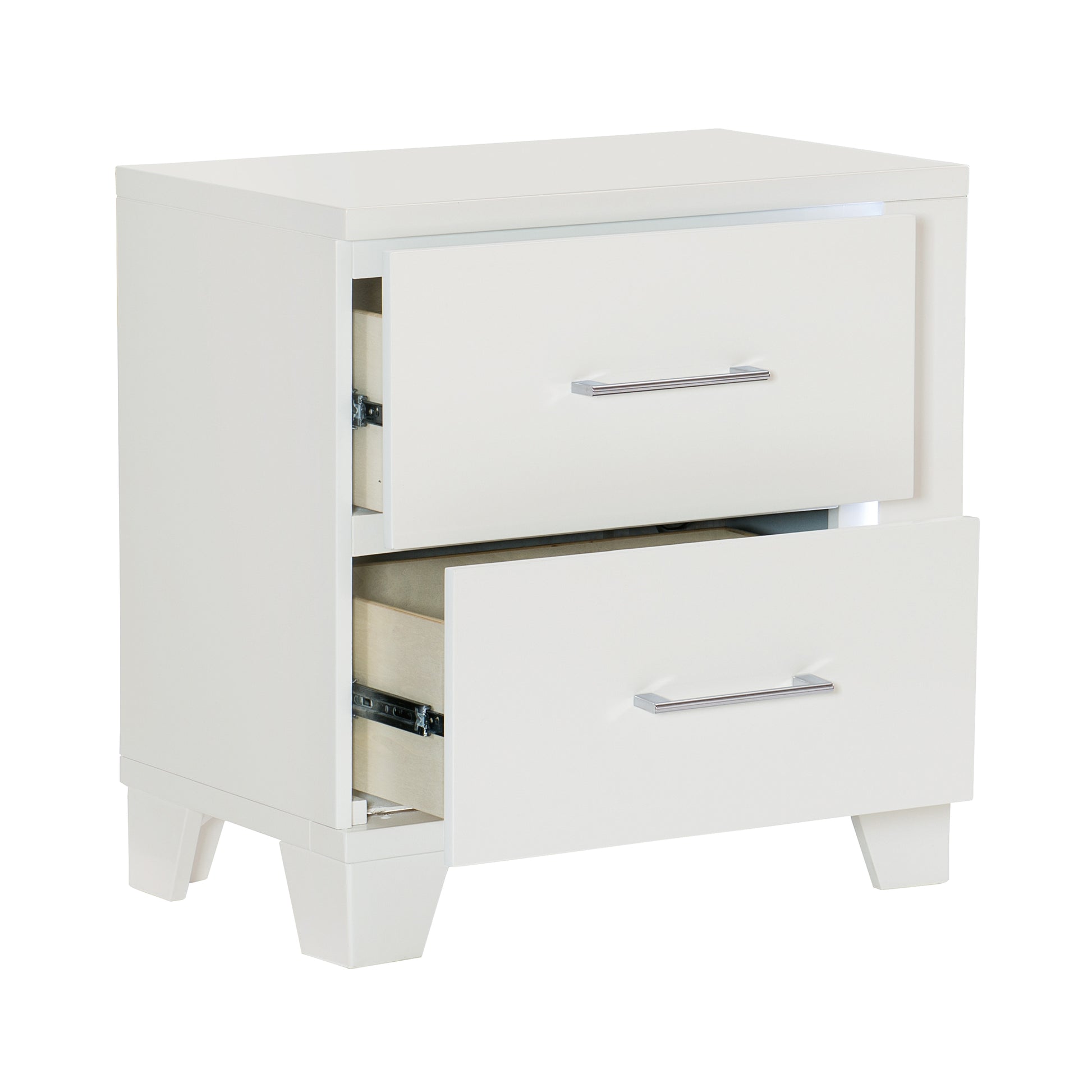 White twodrawer nightstand with polished chrome hardware