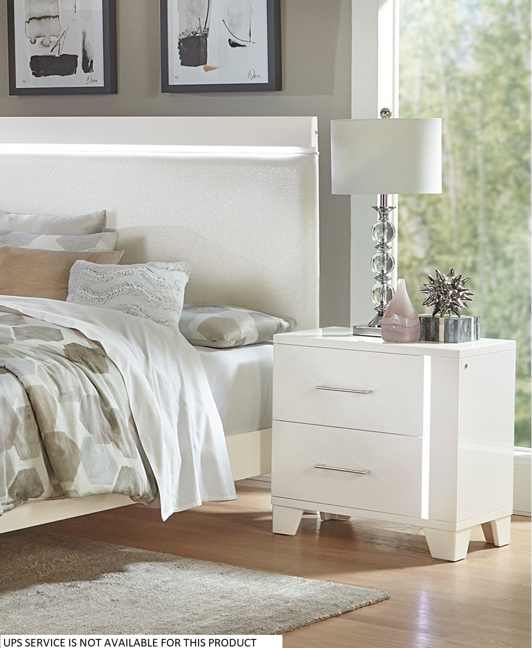 White gloss nightstand with two drawers and chrome handles