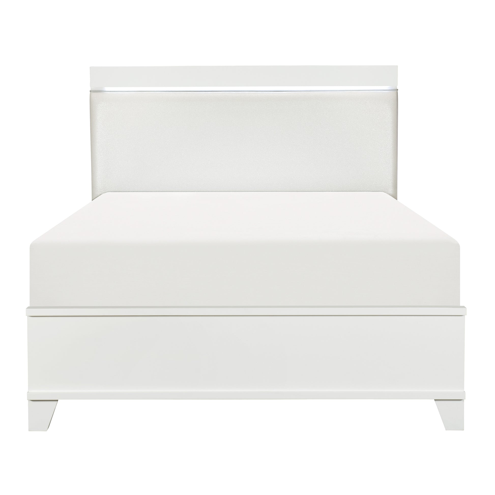 Modern white upholstered bed frame with LED headboard light