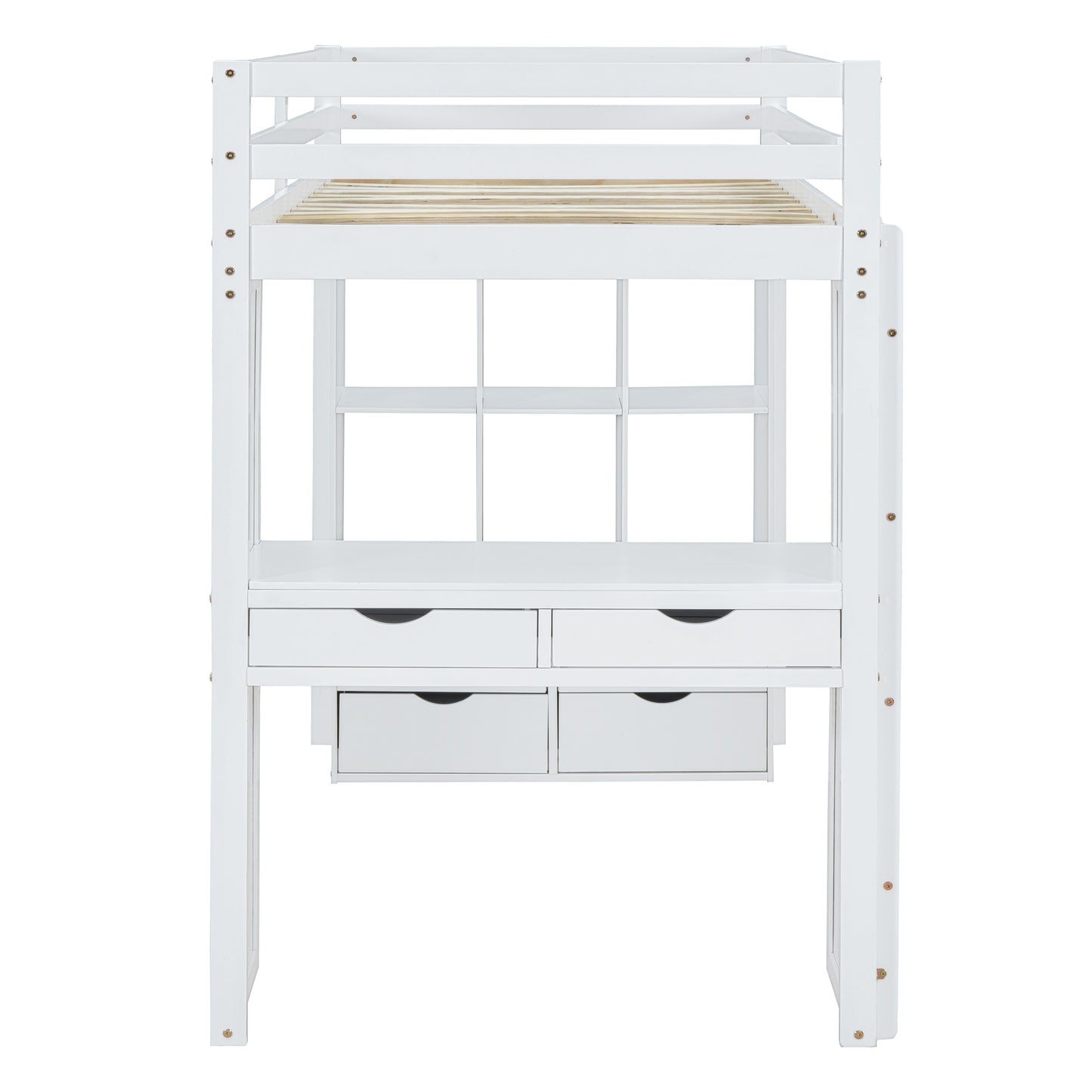 White loft bed with integrated desk and four storage drawers