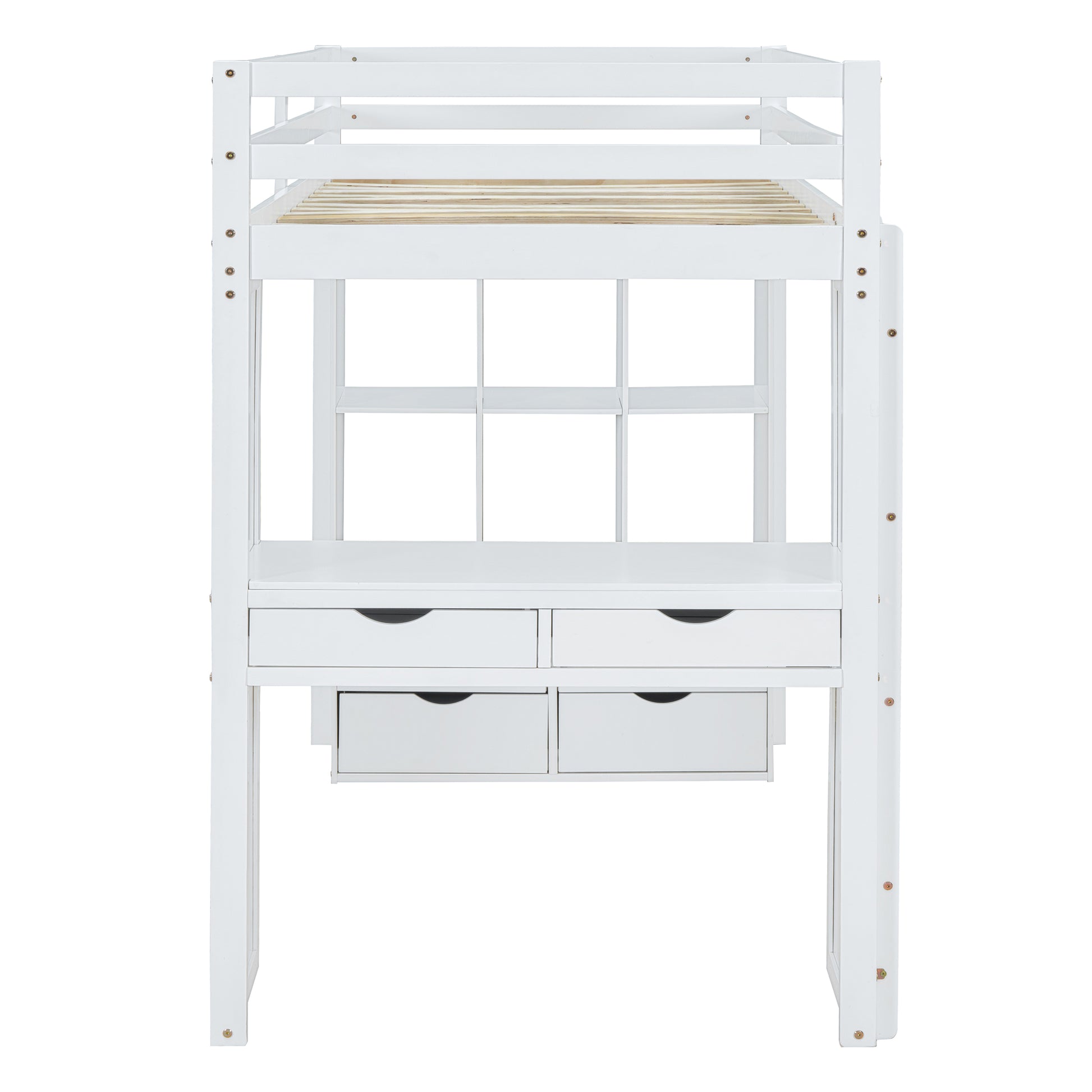 White loft bed with integrated desk and four storage drawers