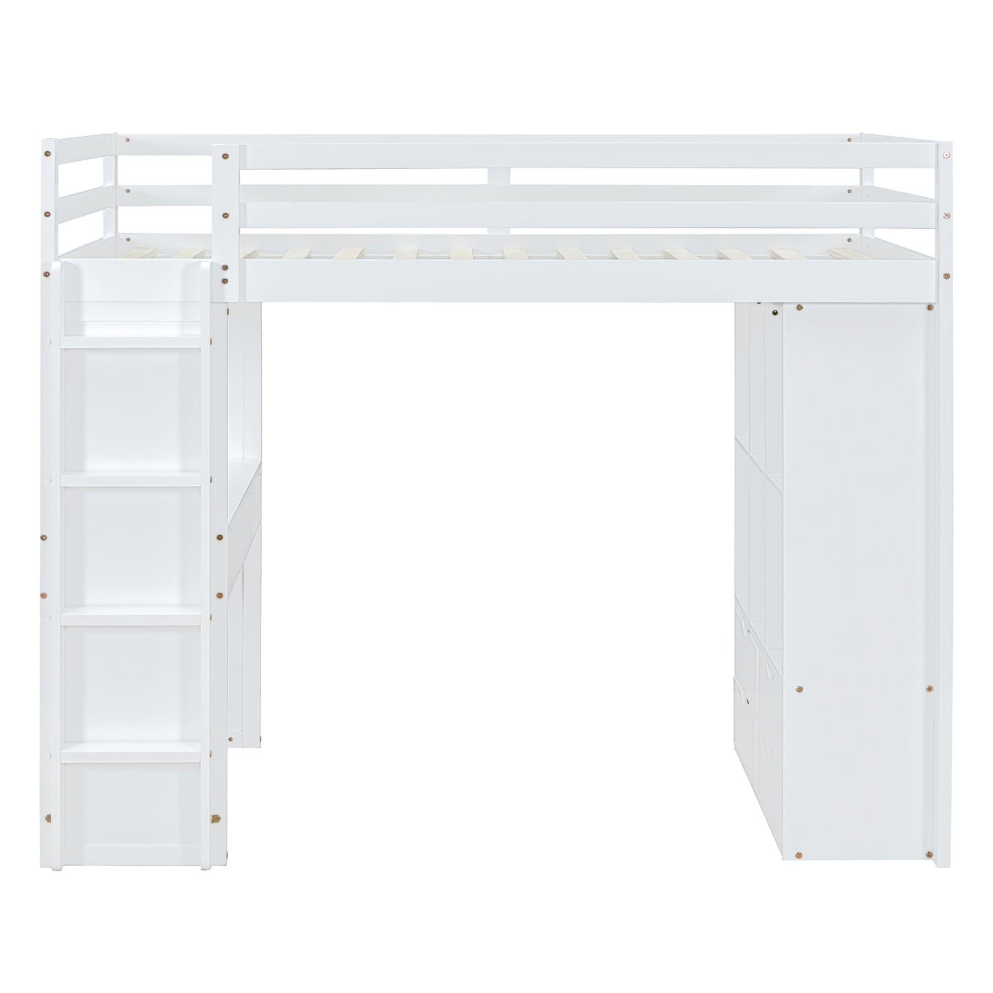 White wooden loft bed with integrated storage cabinets and ladder