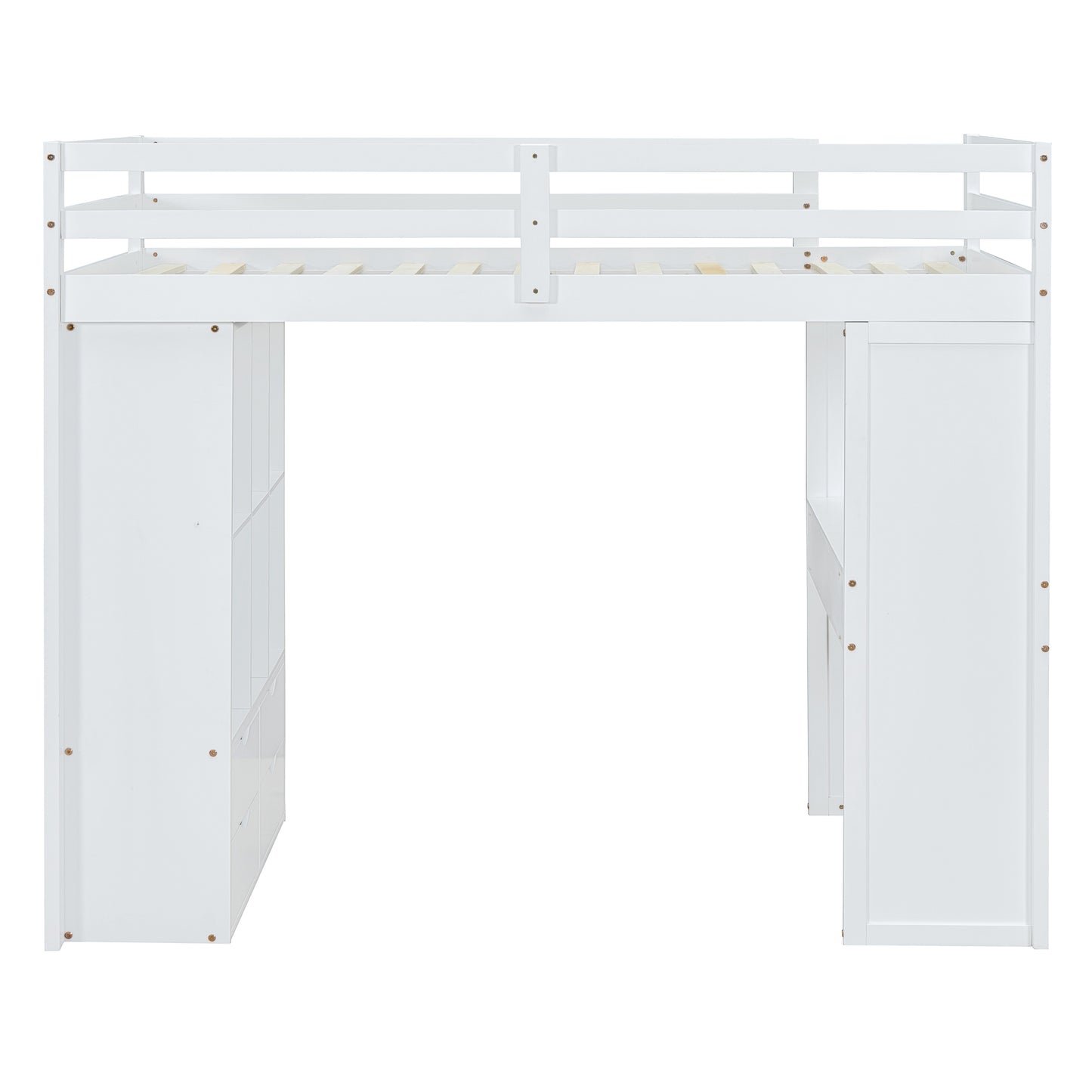 White loft bed with integrated storage drawers and desk