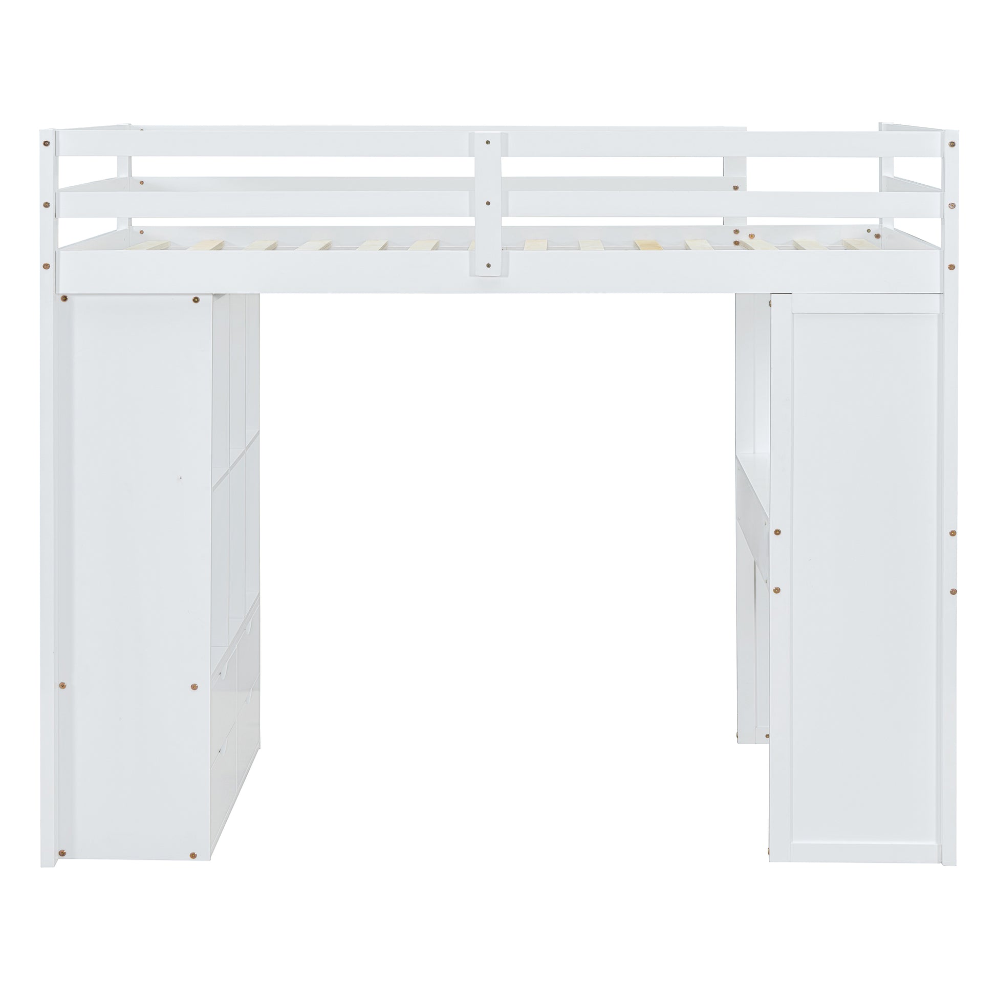 White loft bed with integrated storage drawers and desk