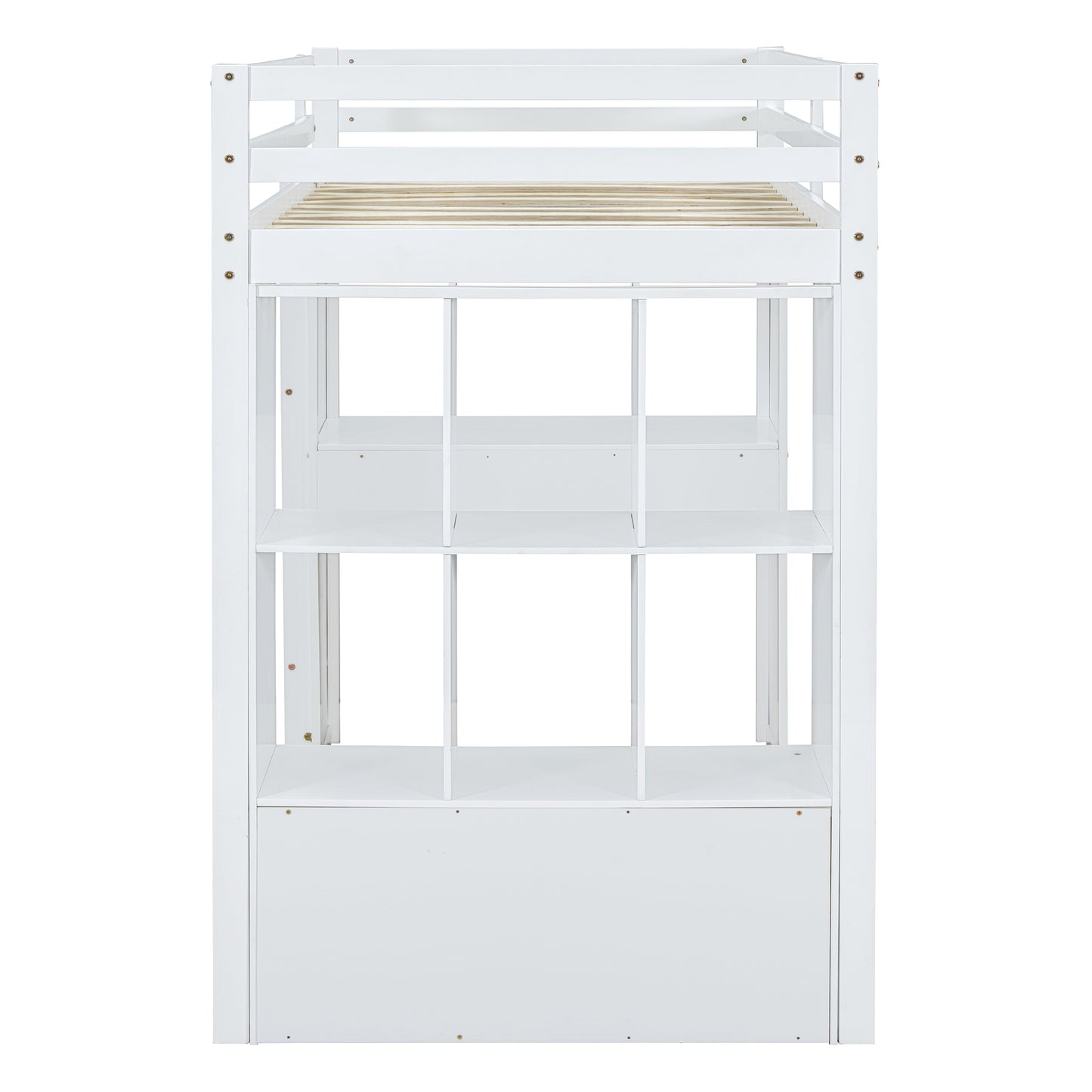 White wooden loft bed with builtin shelves and storage cubbies