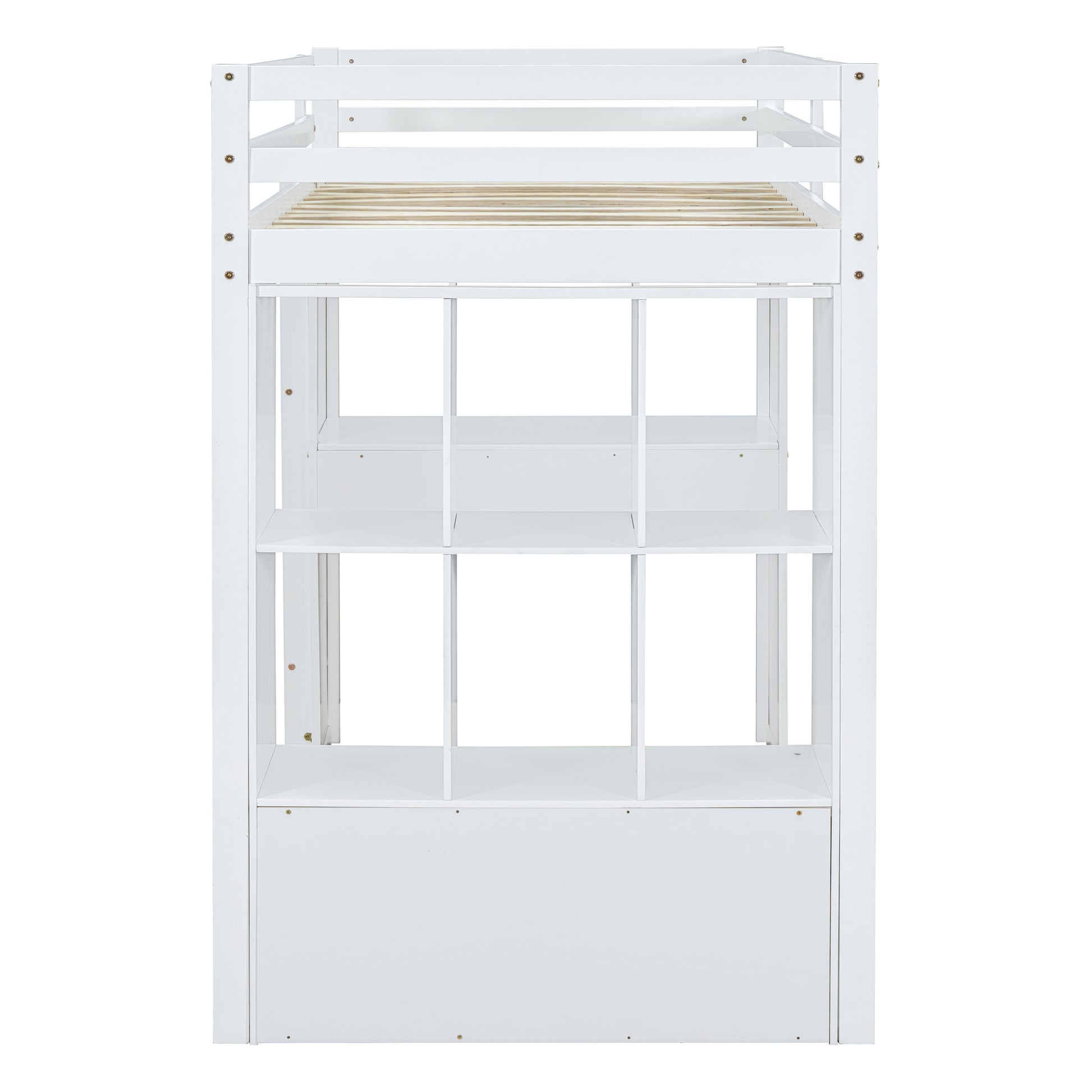 White wooden loft bed with builtin shelves and storage cubbies