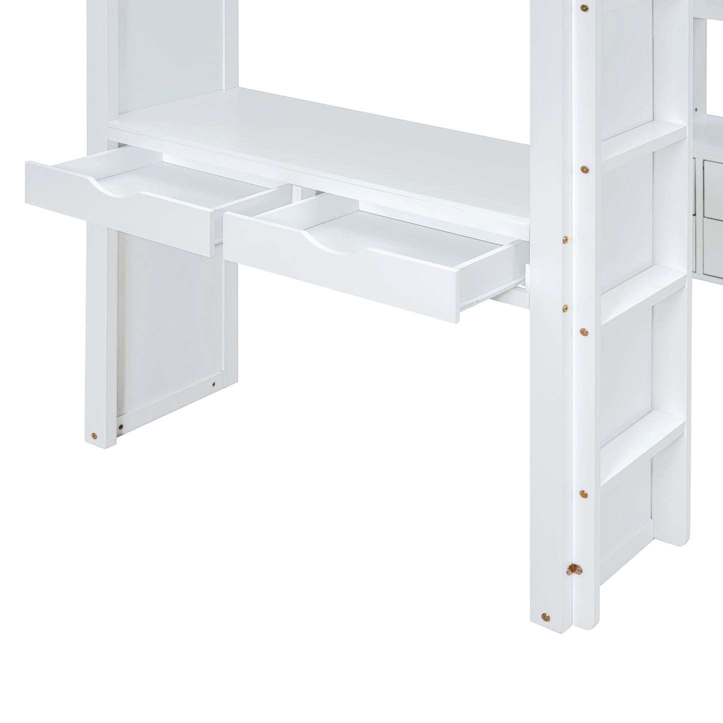 White wooden loft bed with desk and two pullout drawers