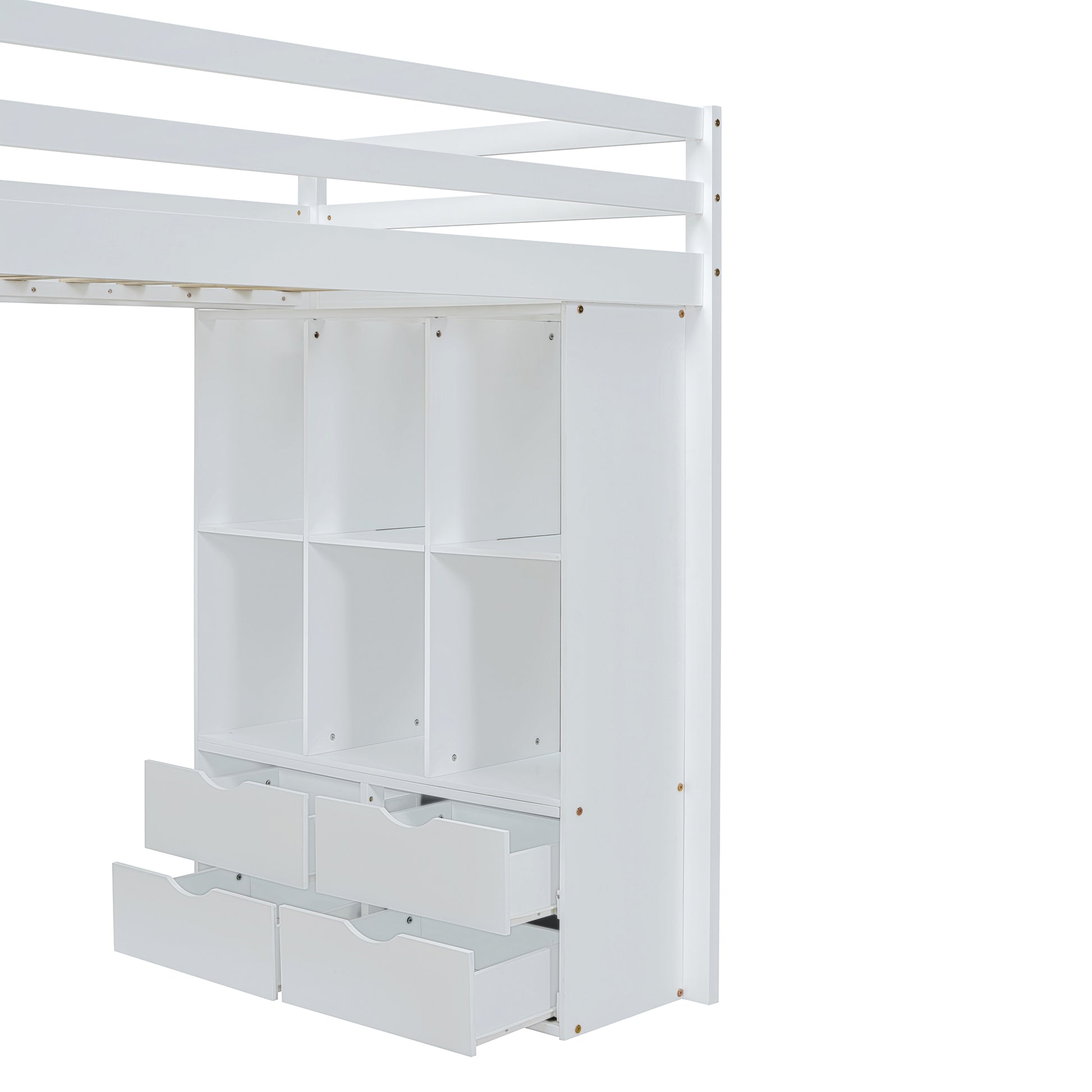 White loft bed frame with integrated cube shelving and three drawers