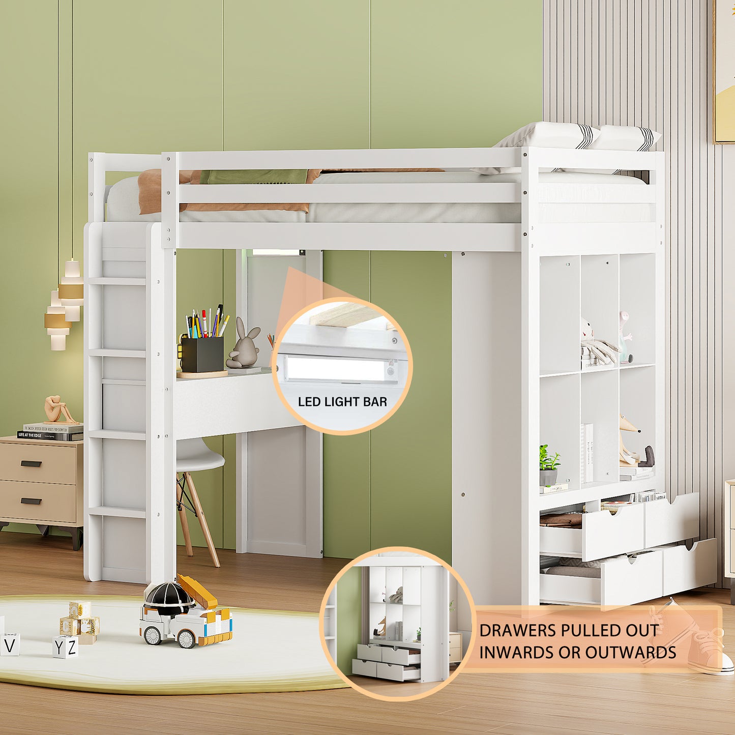 White wooden loft bed with integrated desk and shelves featuring an LED light bar