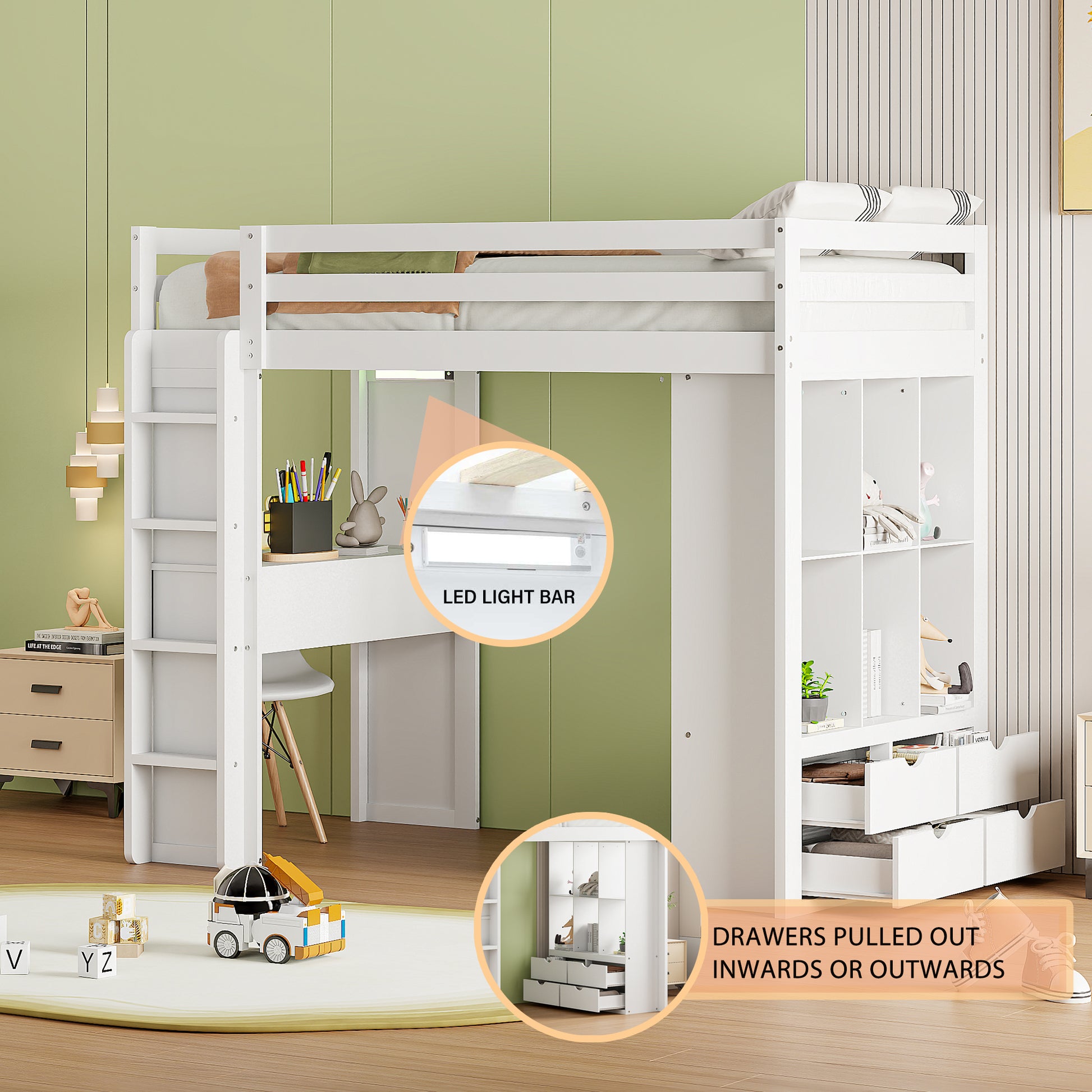 White wooden loft bed with integrated desk and shelves featuring an LED light bar