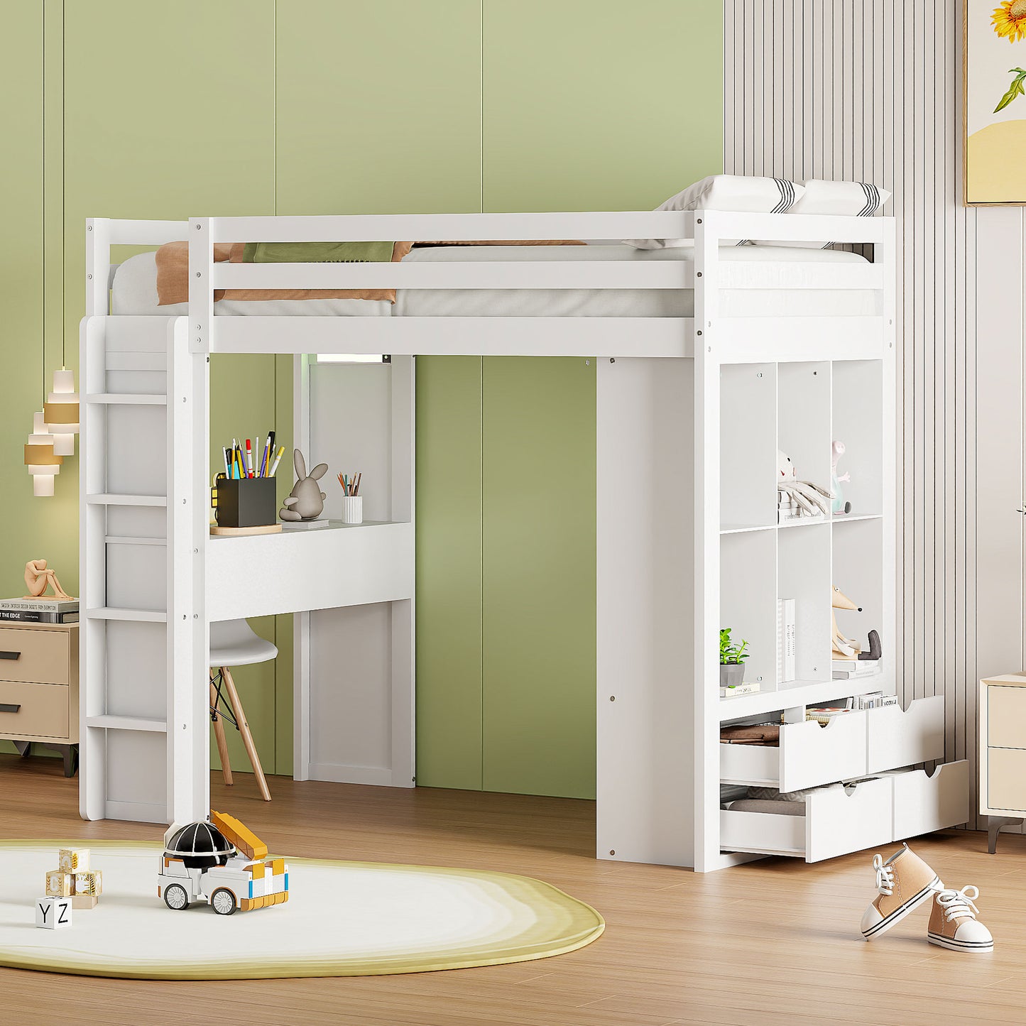 White wooden loft bed with desk and shelves for kids