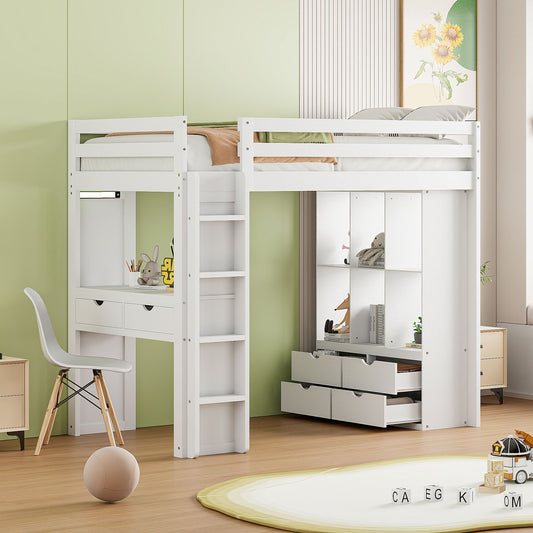 White loft bed with desk and shelves