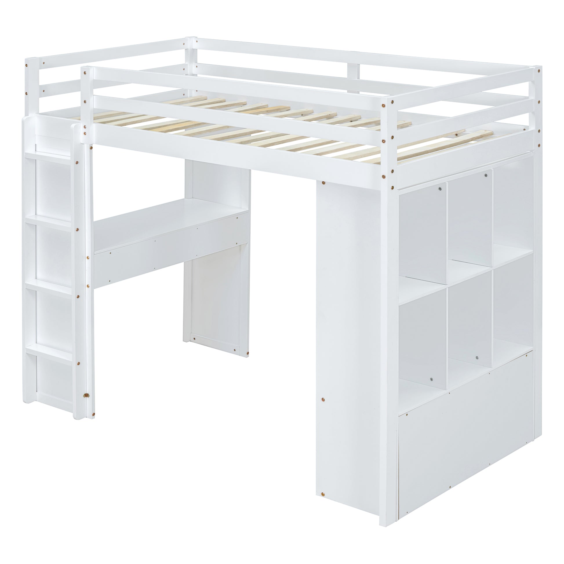 White wooden loft bed with integrated desk and shelving unit