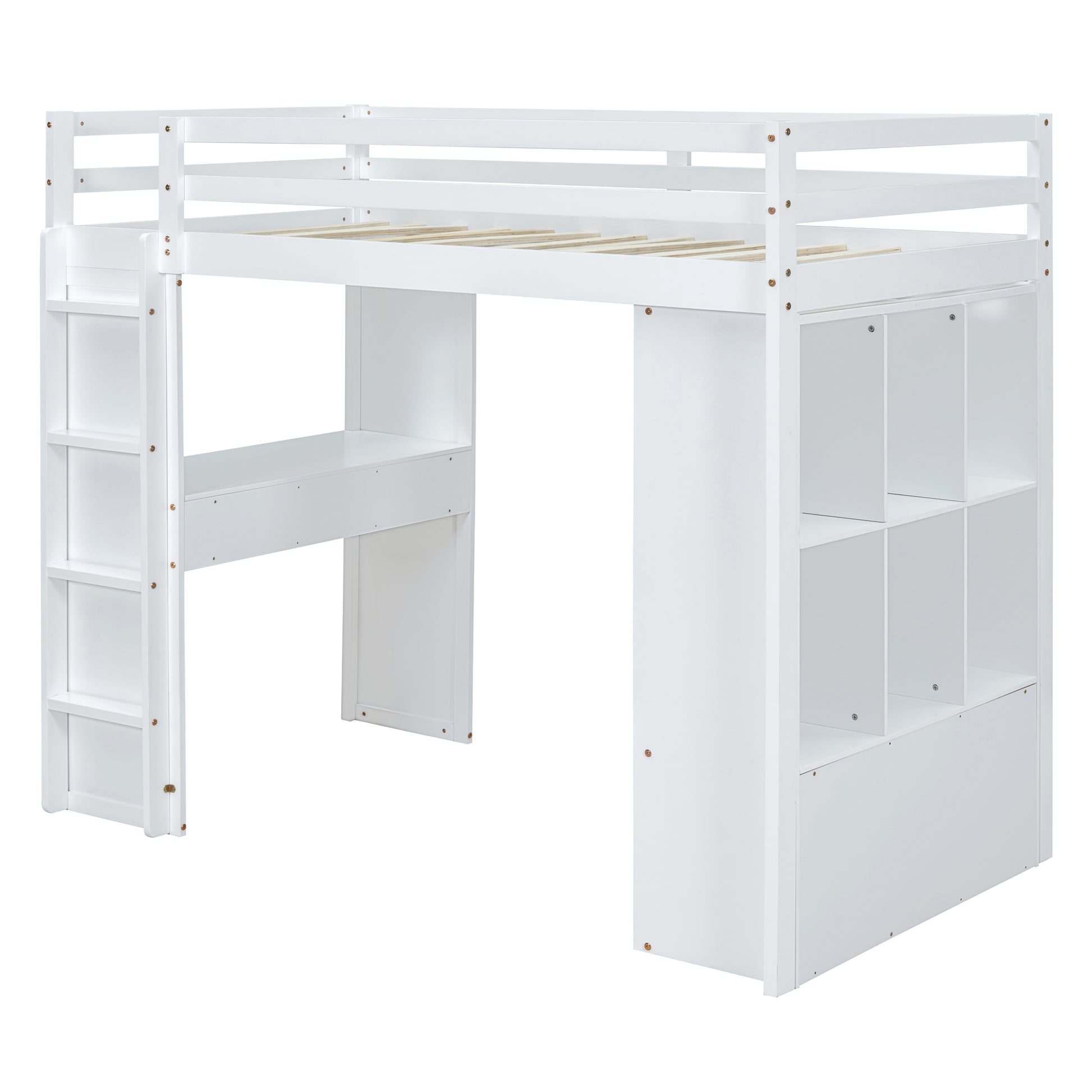 White wooden loft bed with integrated desk and shelving unit