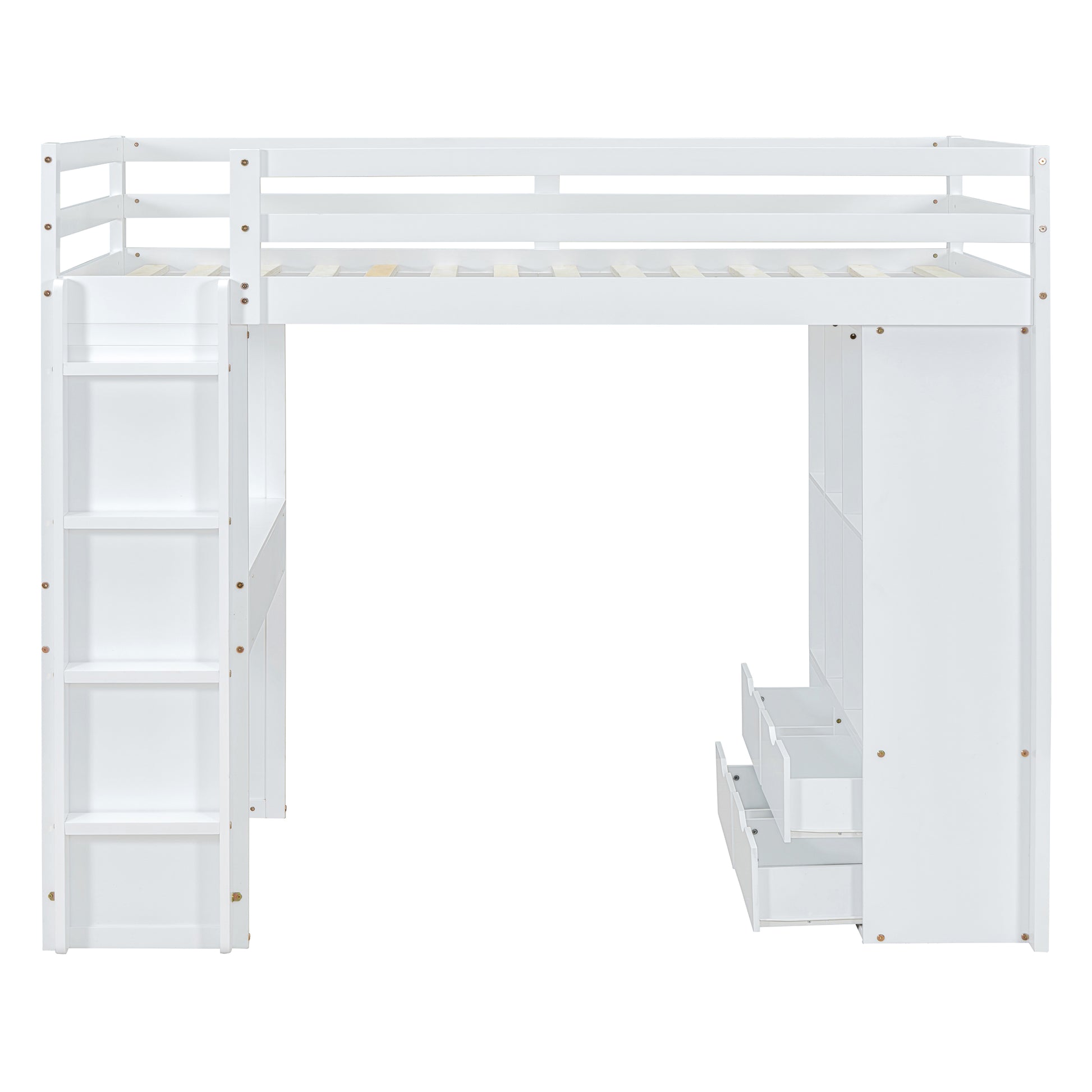 White wooden loft bed with integrated shelving and desk