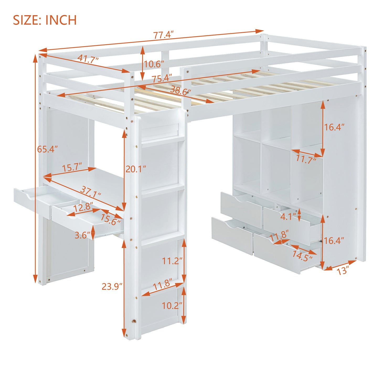 White loft bed with desk and storage