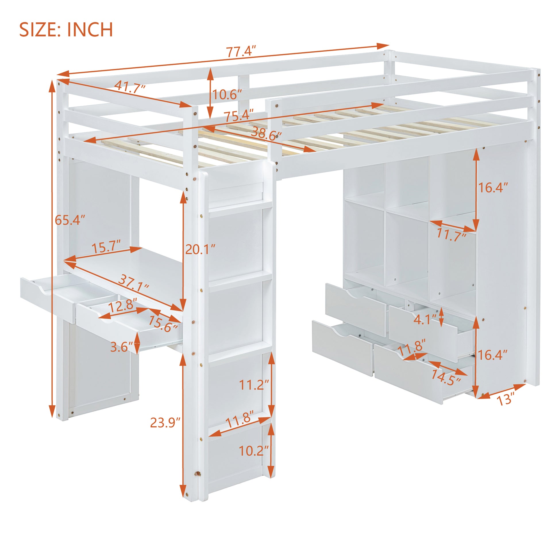 White loft bed with desk and storage