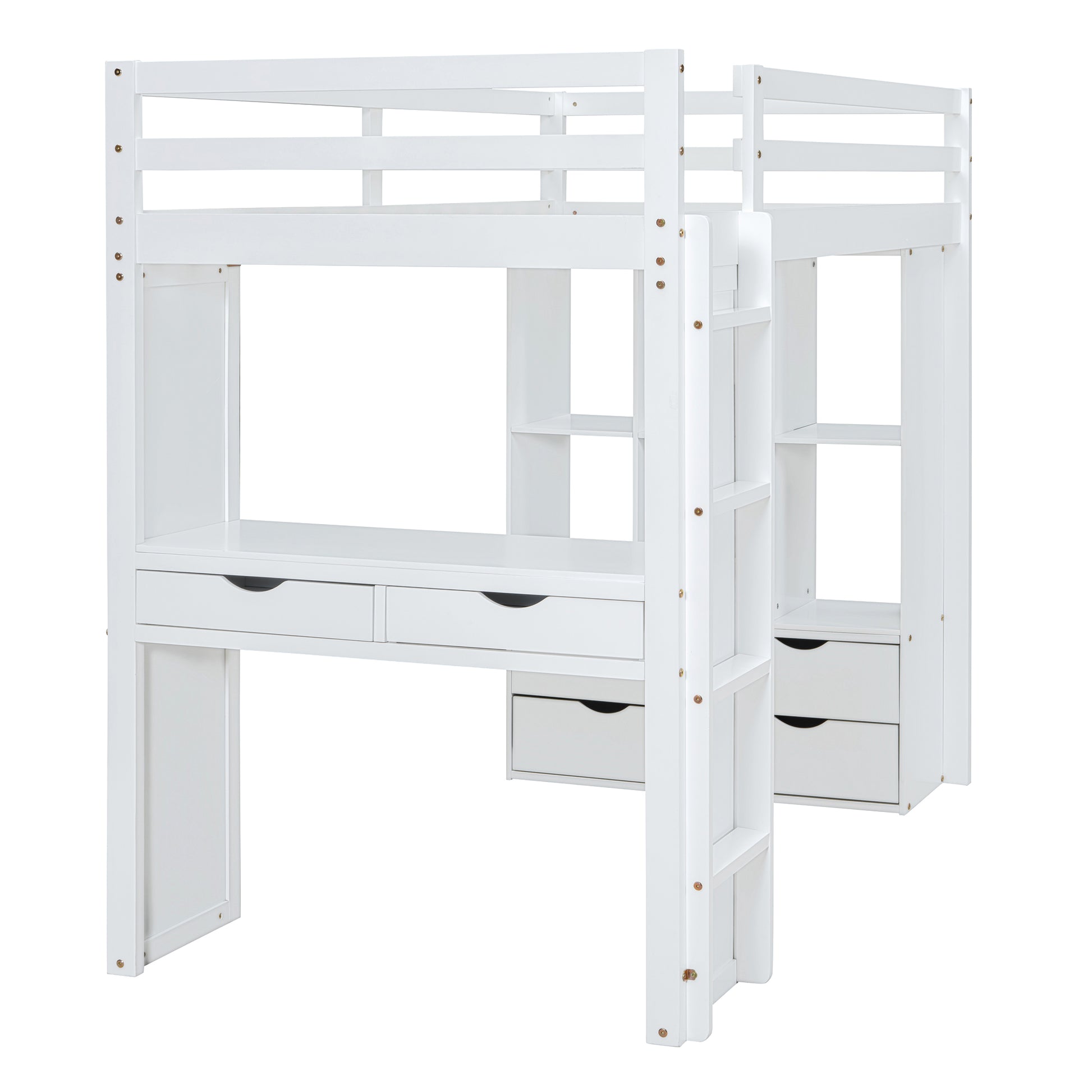 White wooden loft bed with desk and drawers