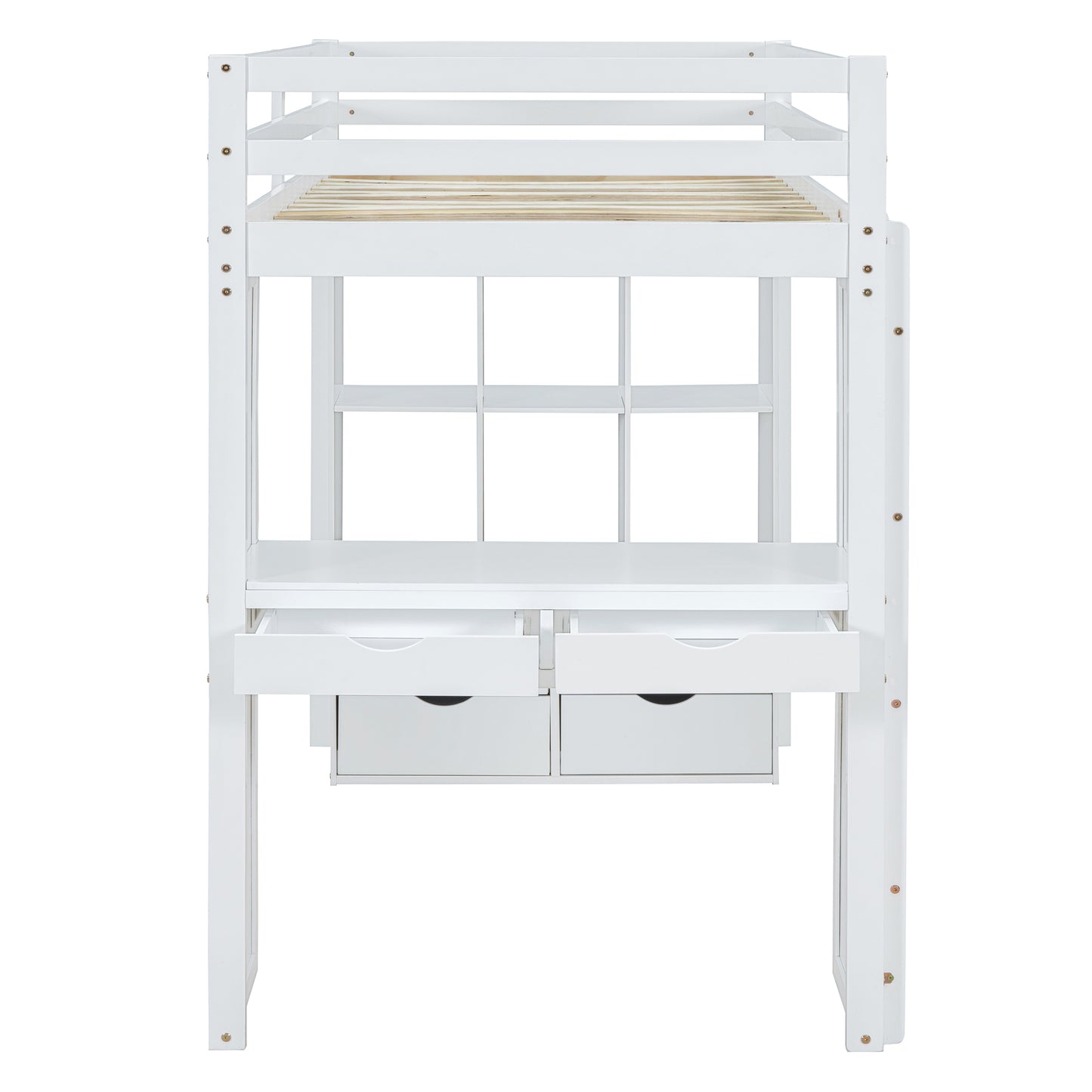 White wooden loft bed with integrated desk and shelving