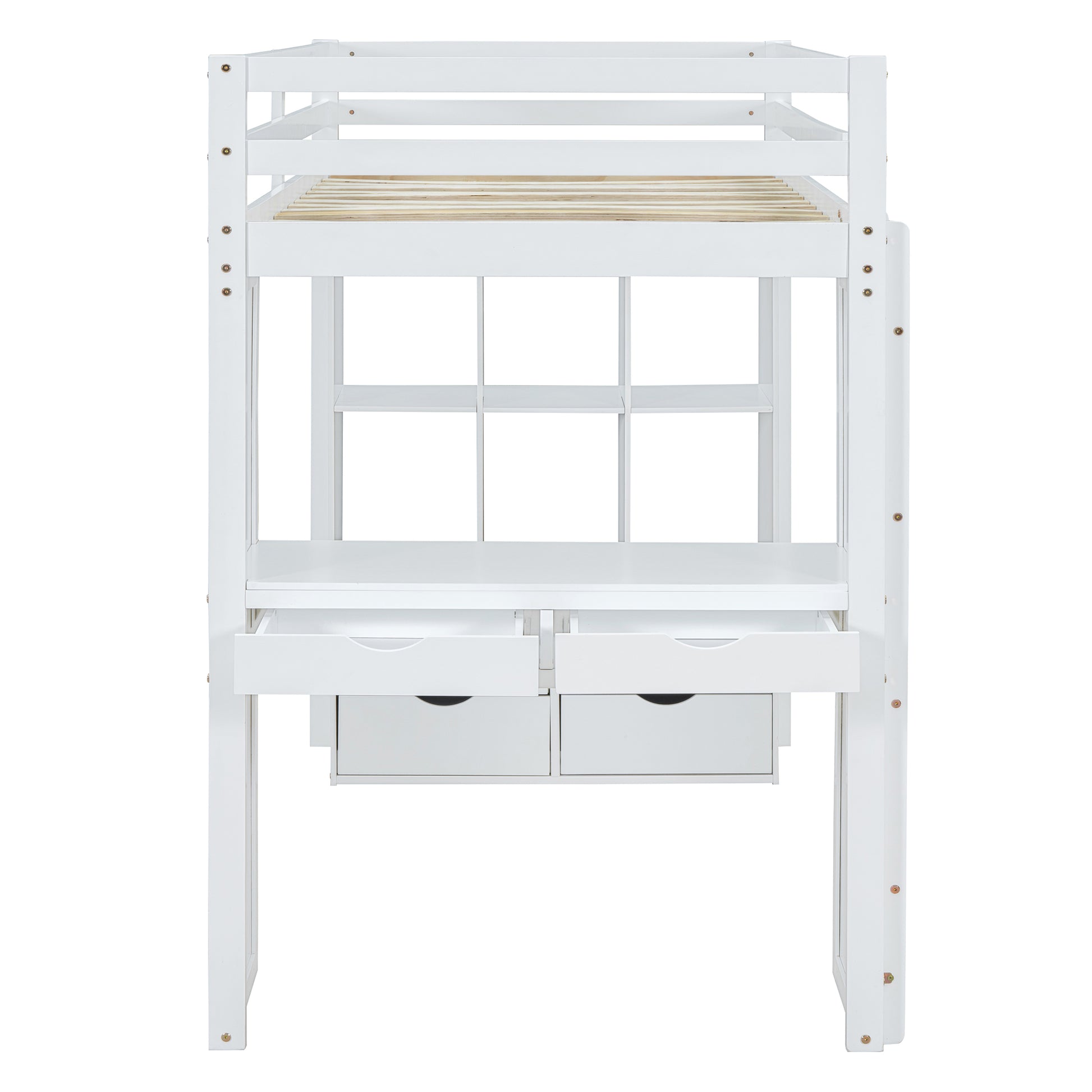 White wooden loft bed with integrated desk and shelving