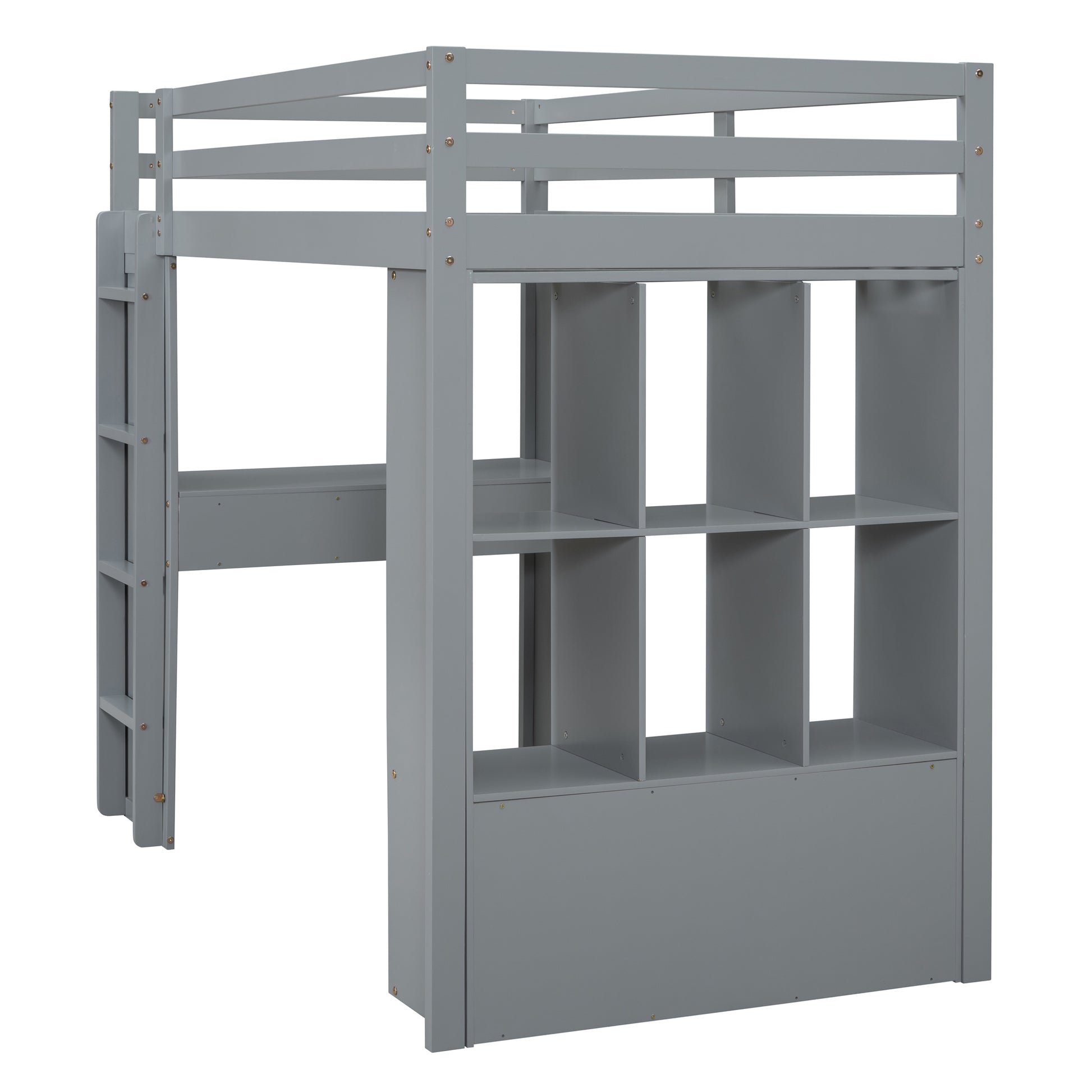 Gray wooden loft bed with integrated shelving and ladder