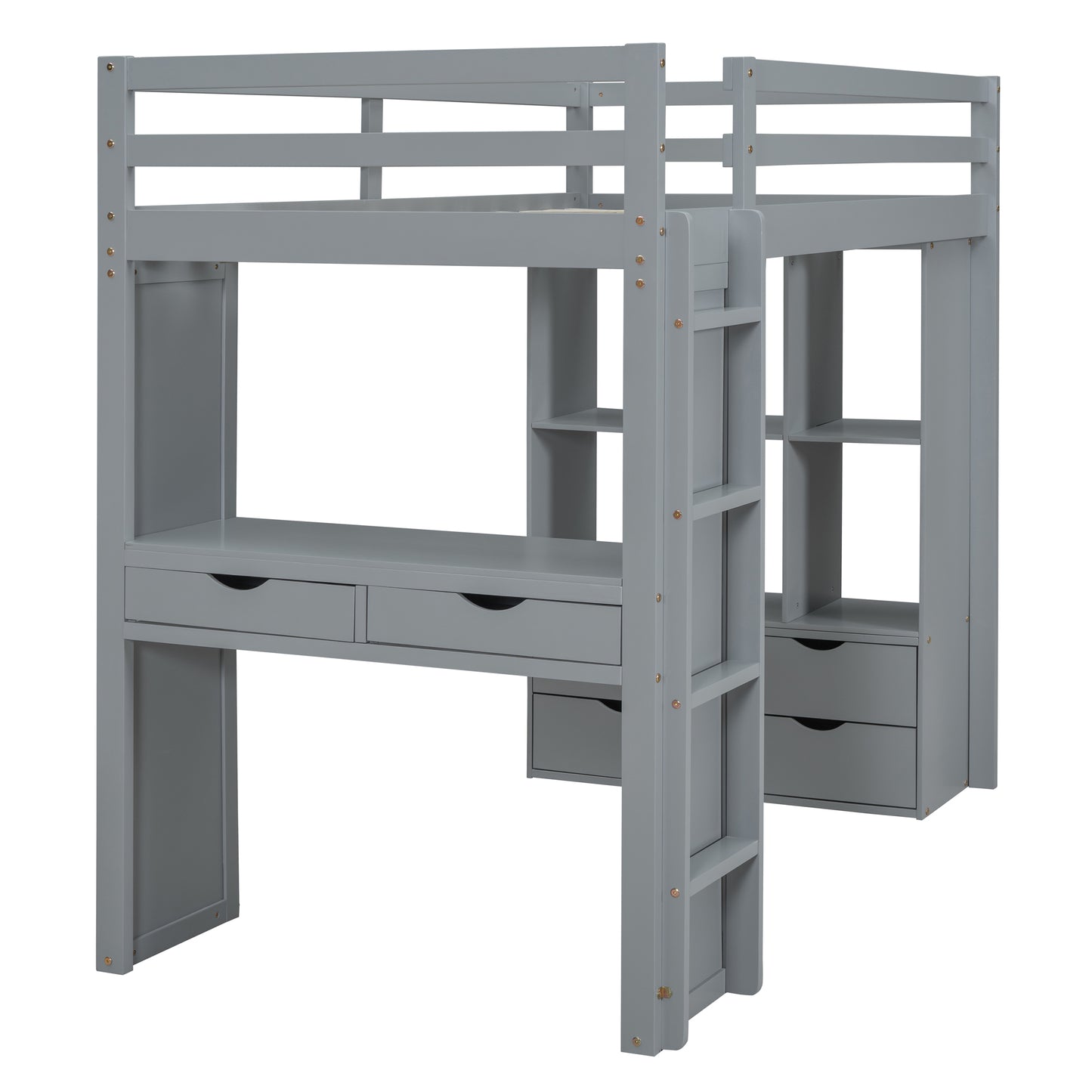 Grey loft bed with desk and shelves