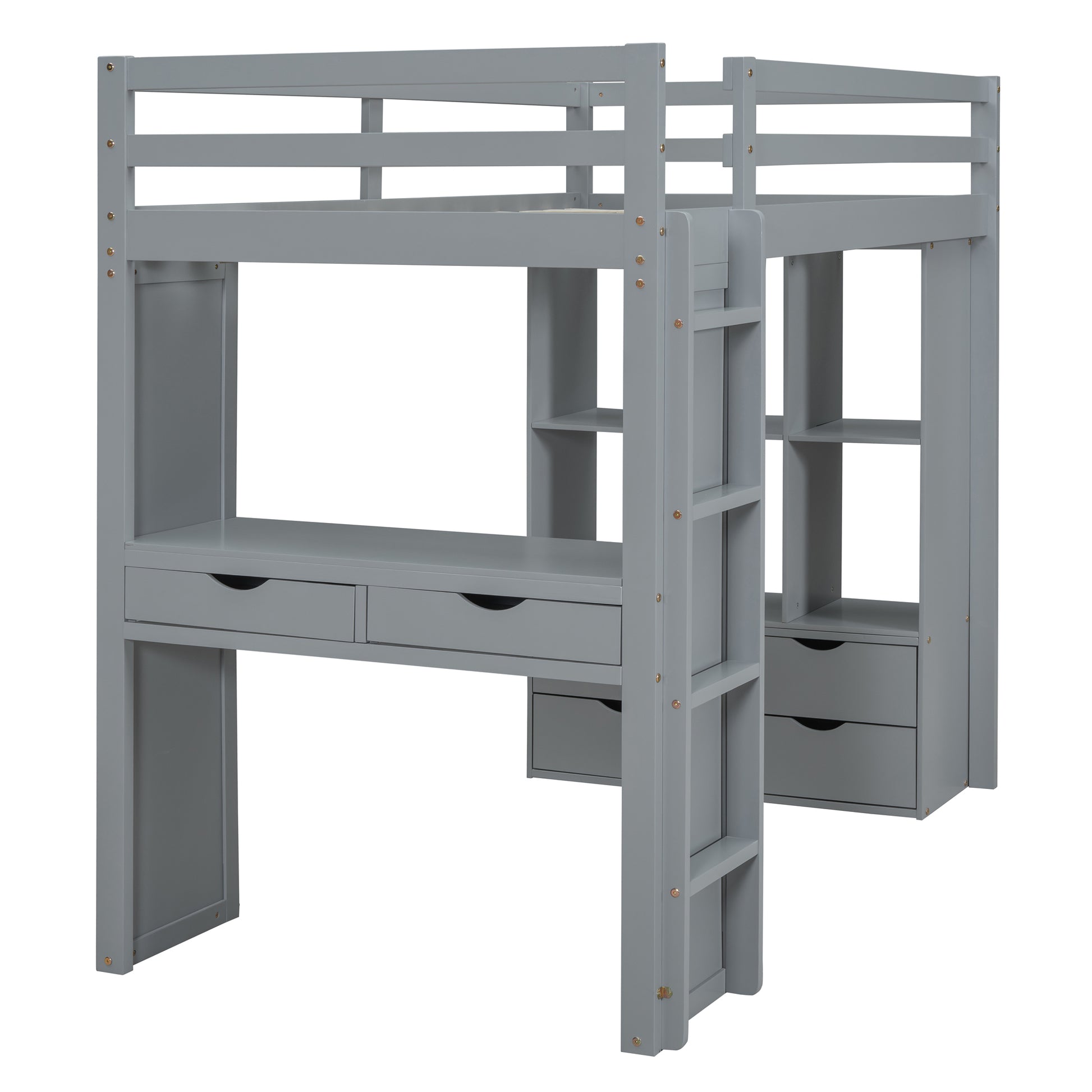 Grey loft bed with desk and shelves