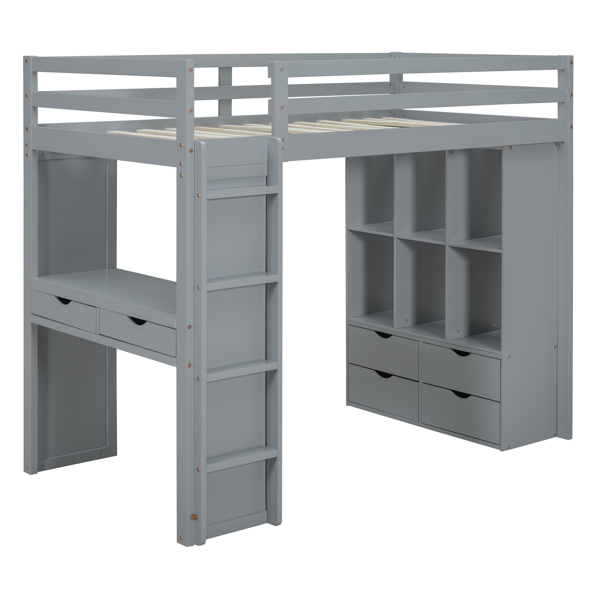 Gray loft bed with integrated desk and shelves