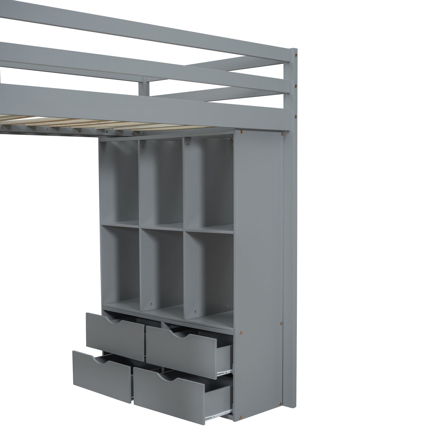 Gray loft bed with integrated shelving and drawers for kids room