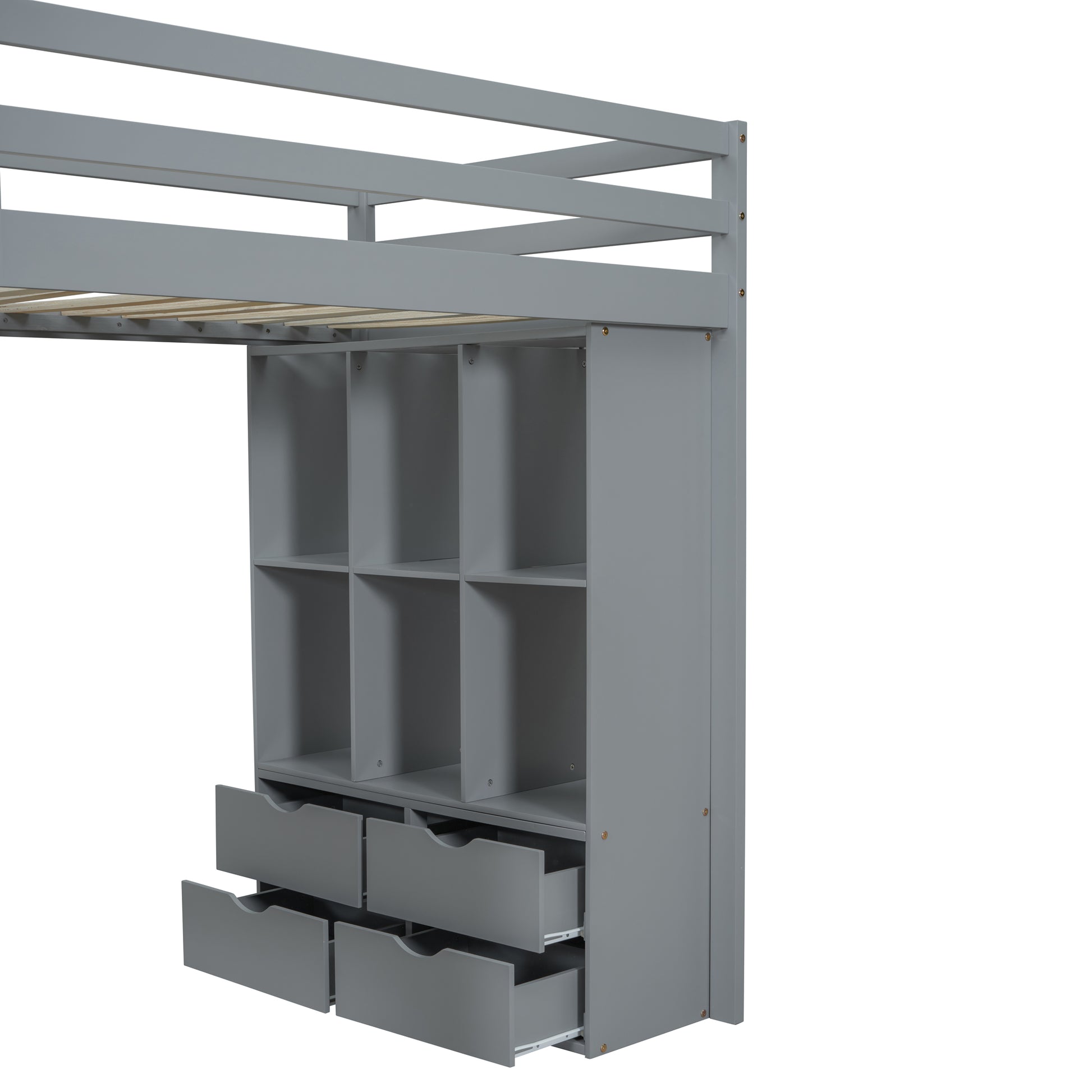Gray loft bed with integrated shelving and drawers for kids room