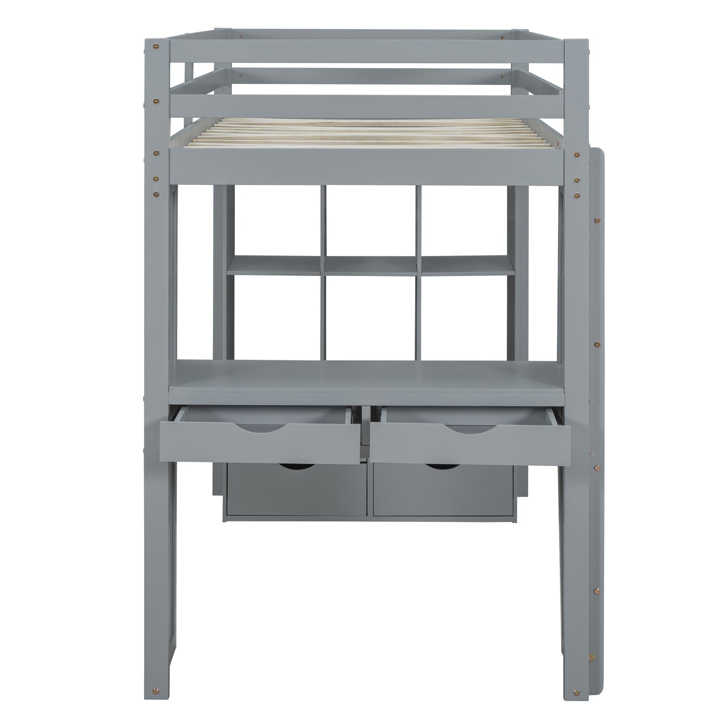 Gray loft bed with desk and shelves