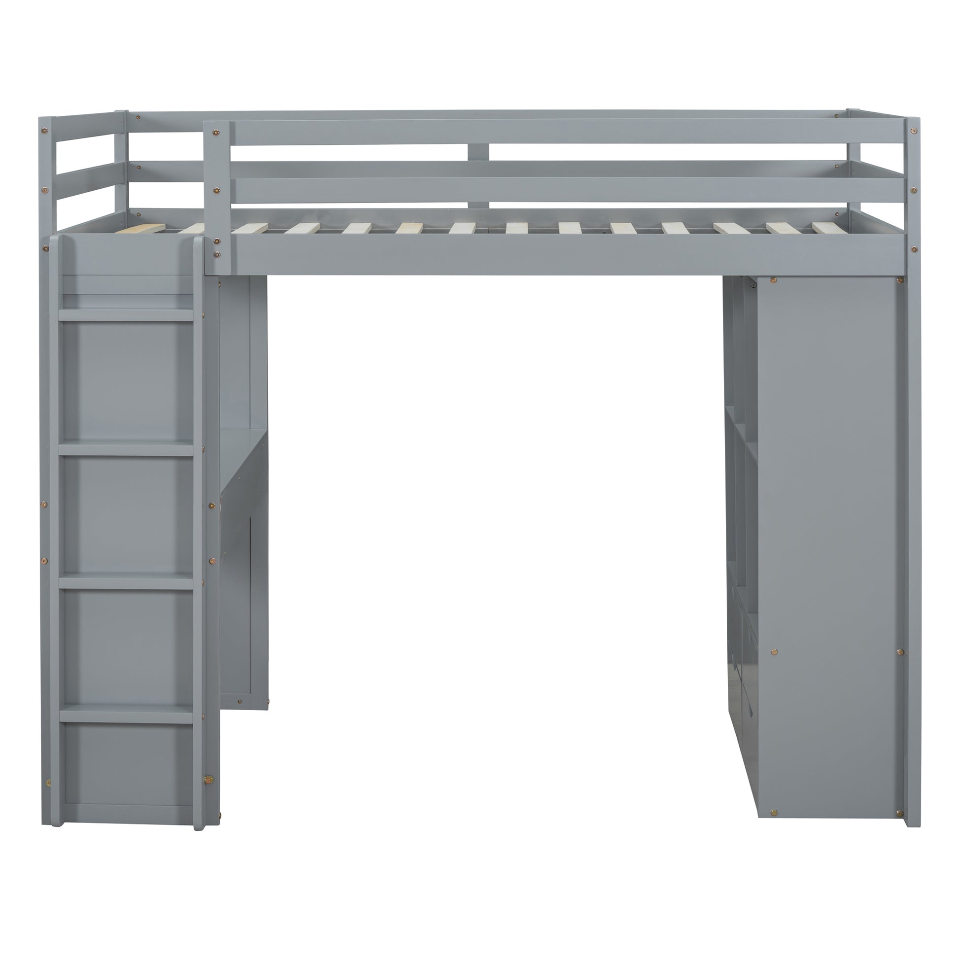 Gray loft bed with builtin desk and shelving