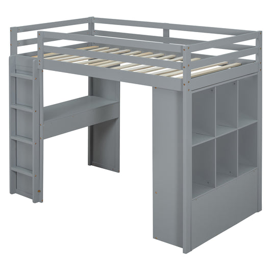 Gray loft bed with builtin desk and shelves