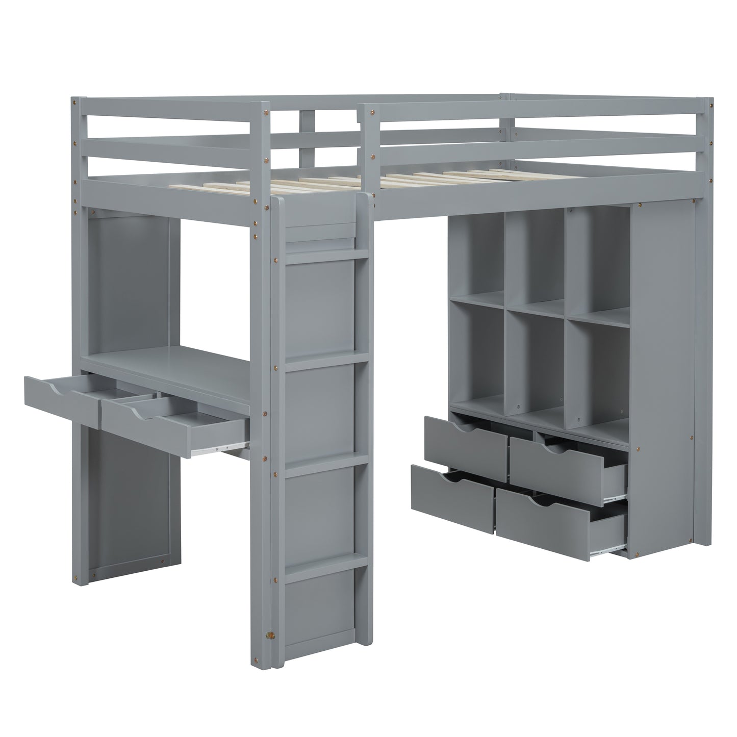 Gray wooden loft bed with integrated desk and storage shelves