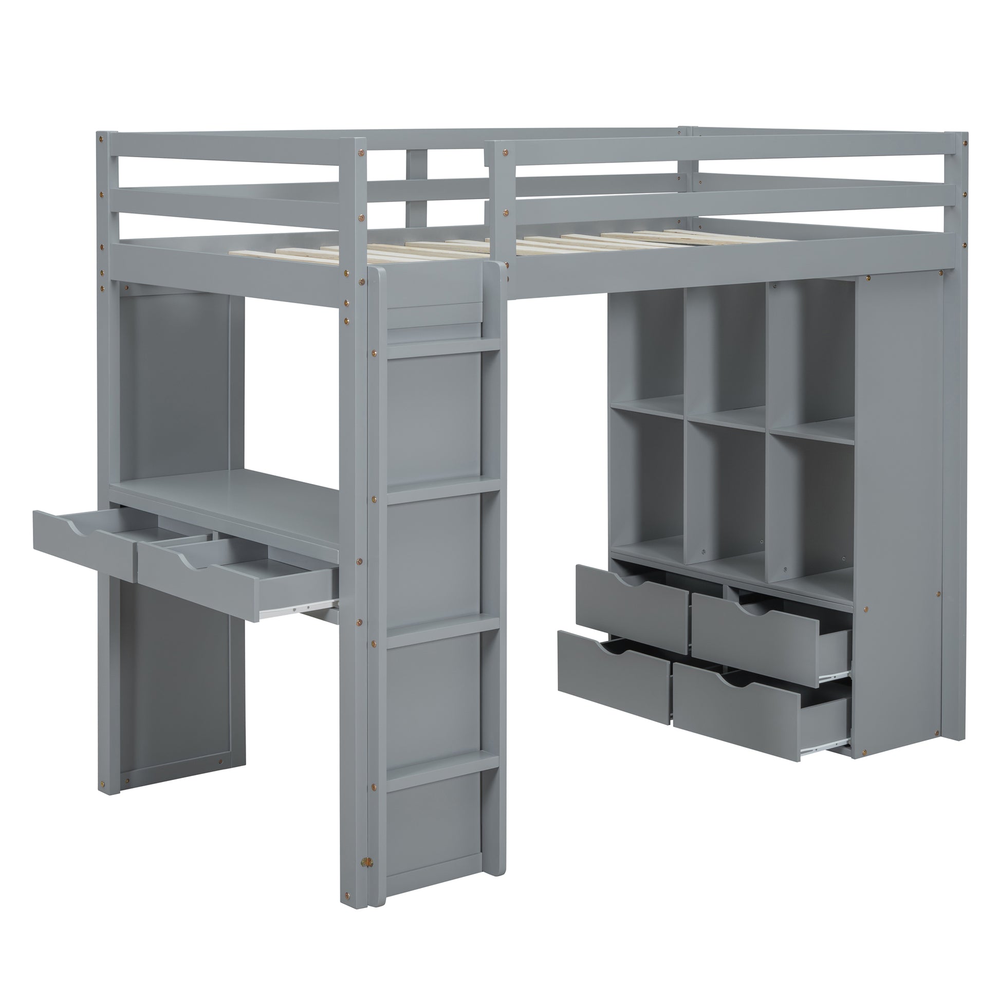 Gray wooden loft bed with integrated desk and storage shelves