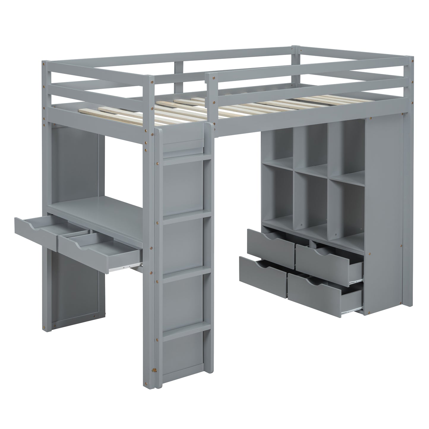 Gray loft bed with desk and storage drawers