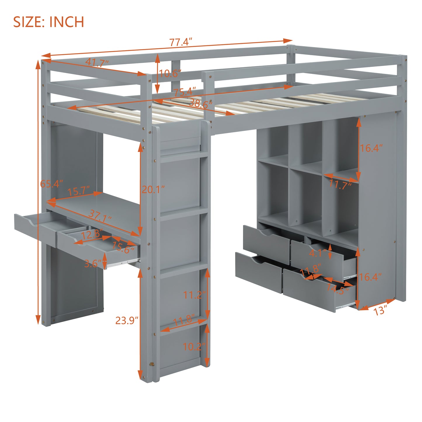 Gray wooden loft bed with integrated desk and storage drawers